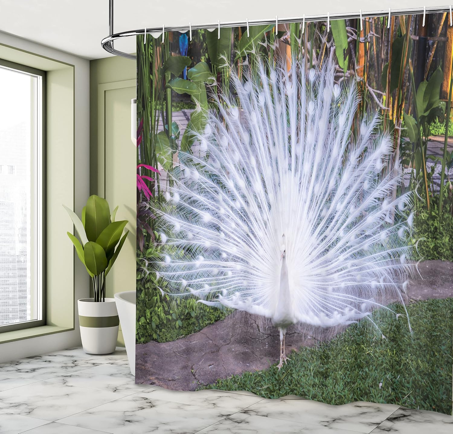 Ambesonne Peacock Shower Curtain, Peacock Open His Tail Feathers in Tropical Garden Unusual Birds Nature Ornament, Cloth Fabric Bathroom Decor Set with Hooks, 69" W x 70" L, White Green