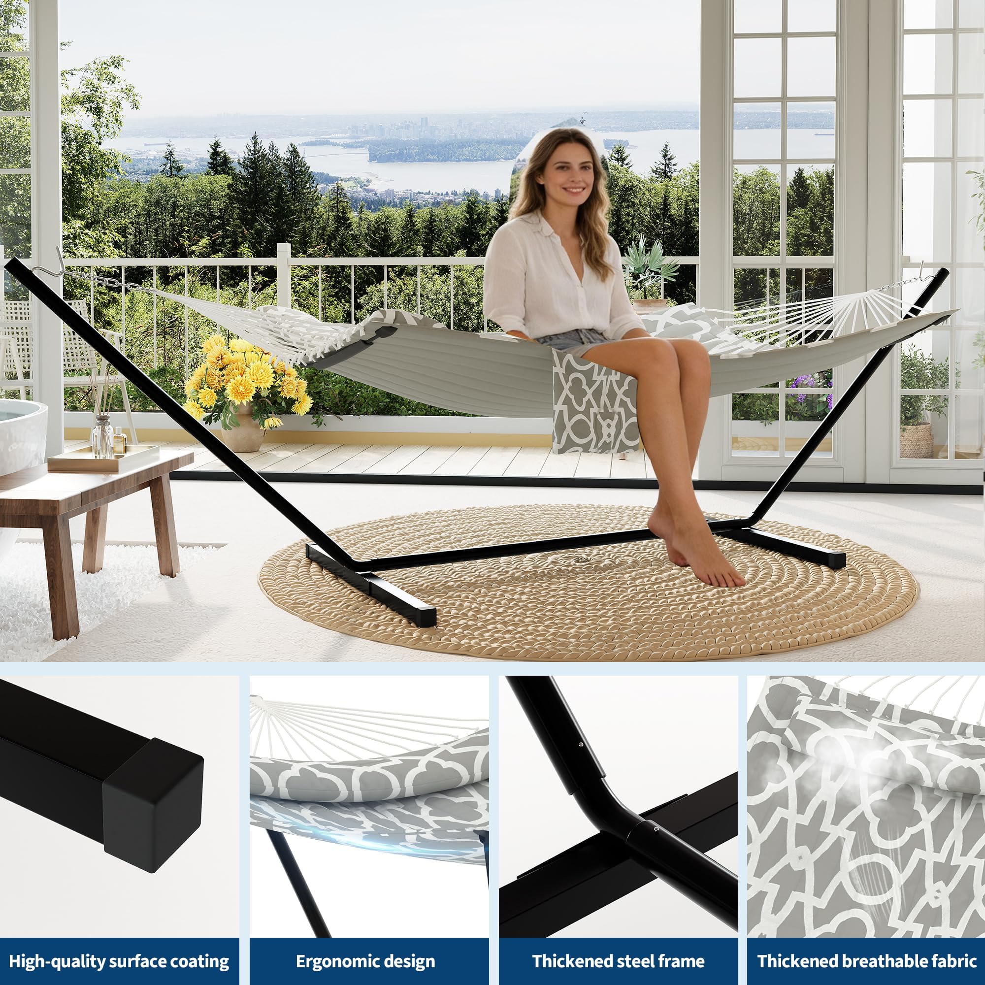 Hamac sur Pied avec Support T et Barres Incurvées en Fer - Hamac Matelassé Plat Gris Clair 365cm, Support Acier Solide 200kg, 2 Places, Jardin Balcon Terrasse Extérieur