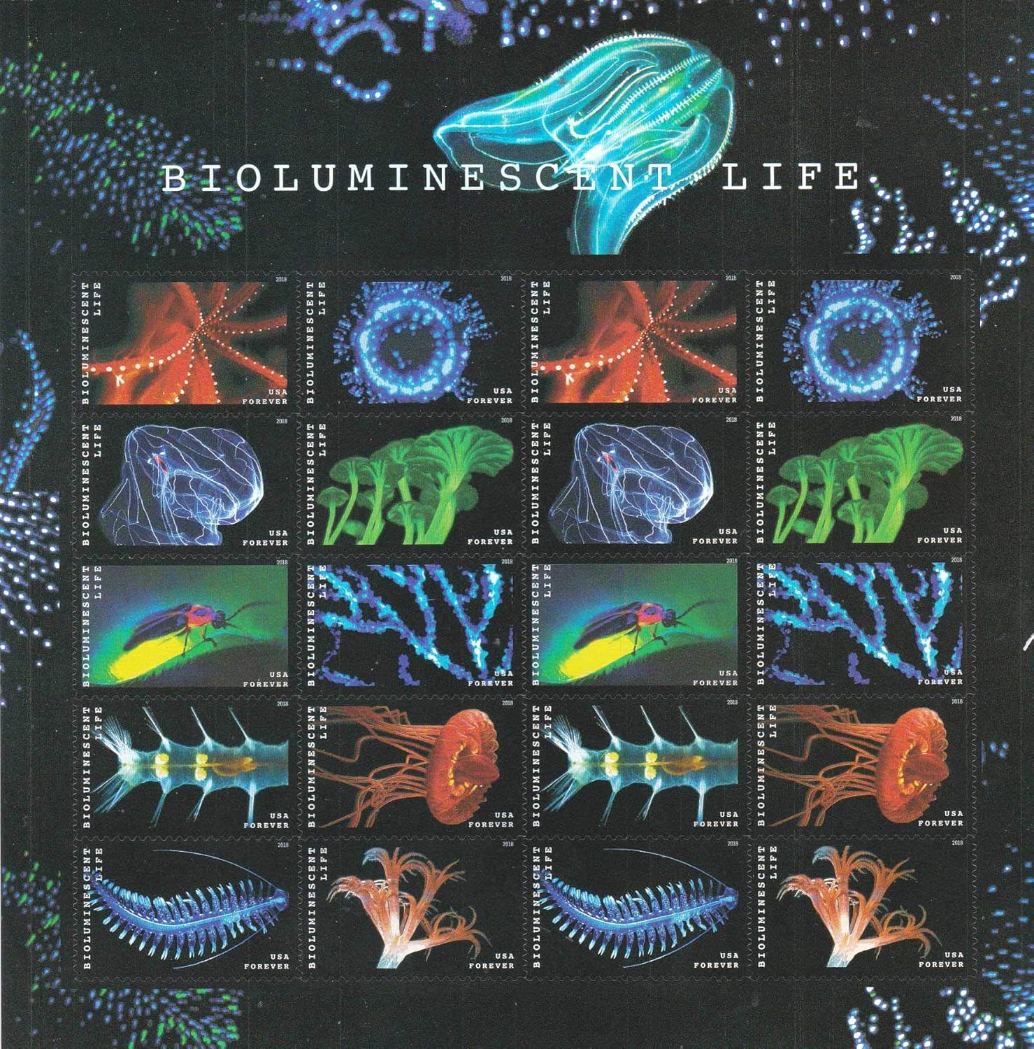 Bioluminescent Life (Sheet of 20) First-Class Mail Postage Stamps 2018 Scott #5264-5273