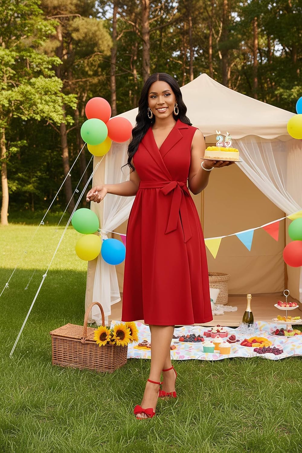 Nmoder Midi Dress for Women Cocktail Sleeveless Fit and Flare Casual Work Lapel V Neck A-Line Dresses - Image 2