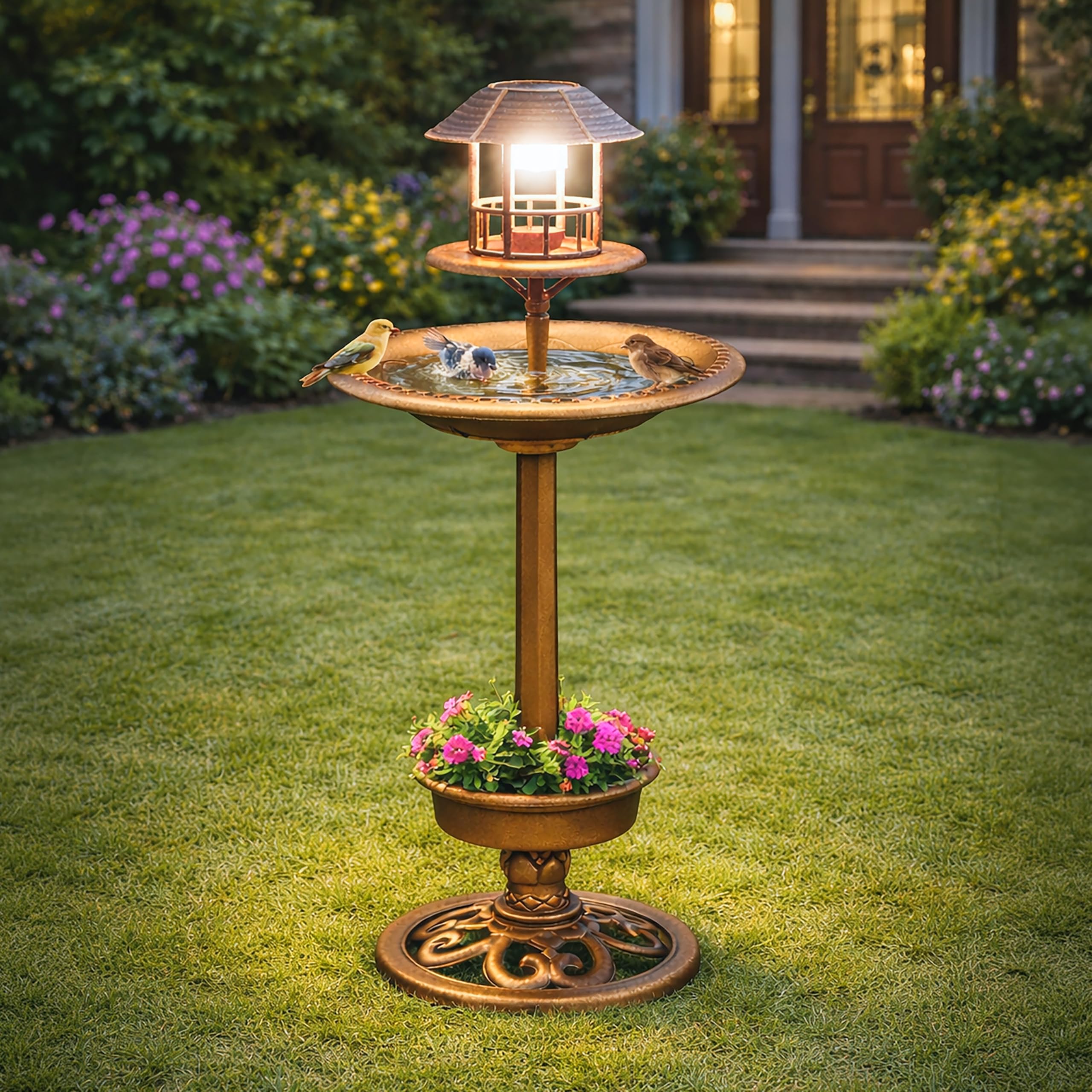 Garden Mile 1m Extra Large Bird Bath & Feeding Station with Solar Garden Light Bronze Effect Bird Feeder with Planter Freestanding Bird Bath Feeding Station Outdoor Solar Powered Garden Feature โ image 1