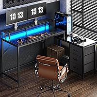 Vista 1 de Huuger Reversible L Shaped Computer Desk with Drawers, Gaming Desk with LED Lights and Power Outlets, Office Desk with Storage Shelves, for Home &