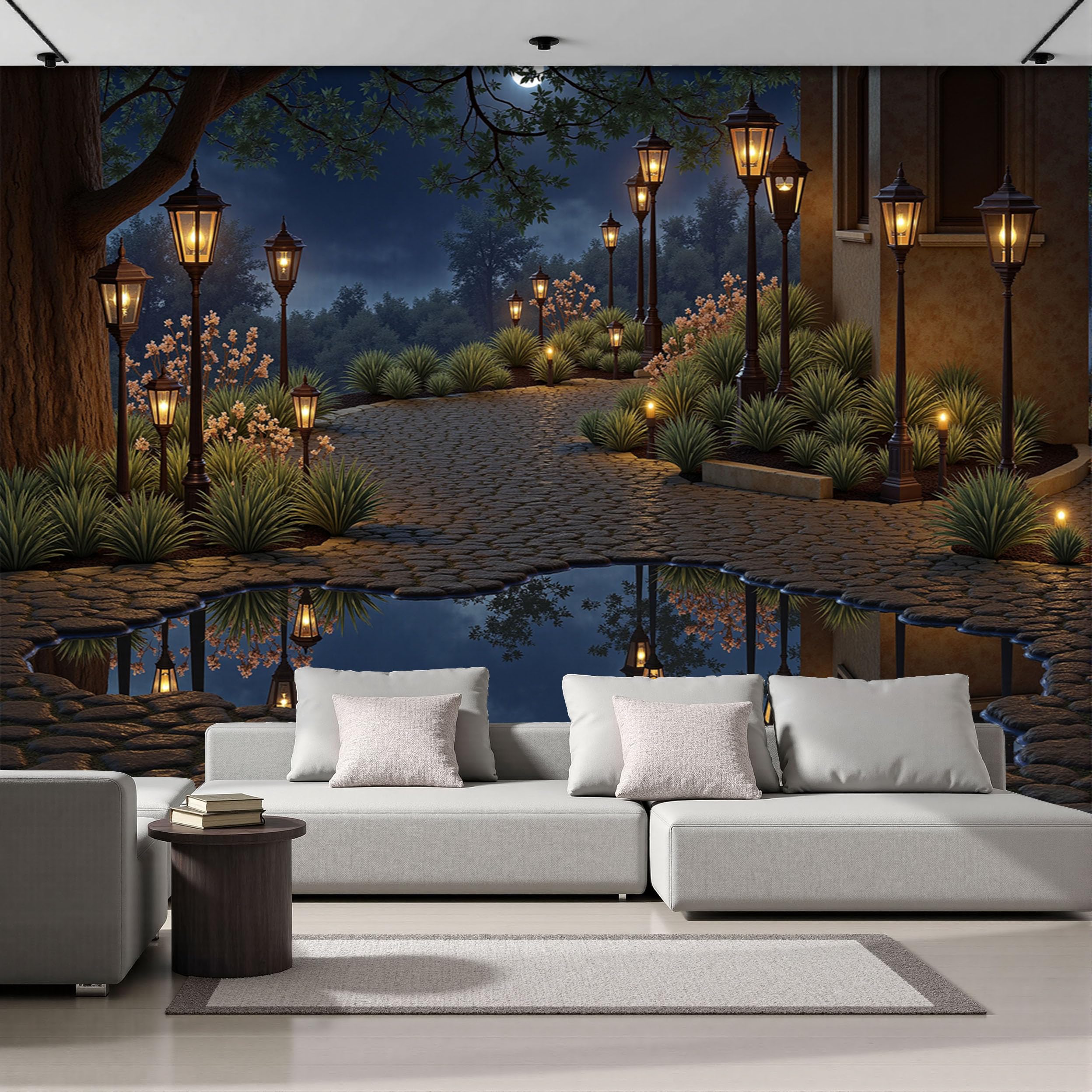 Wallpaper Wall Mural Dark Blue Natural Night View Stone Slab Road, Streetlights, Flower Bushes 300x210cm 3D Photo Wallpaper Silk Walls Mural Poster, for Living RoomTV Background Wall Decor Murals