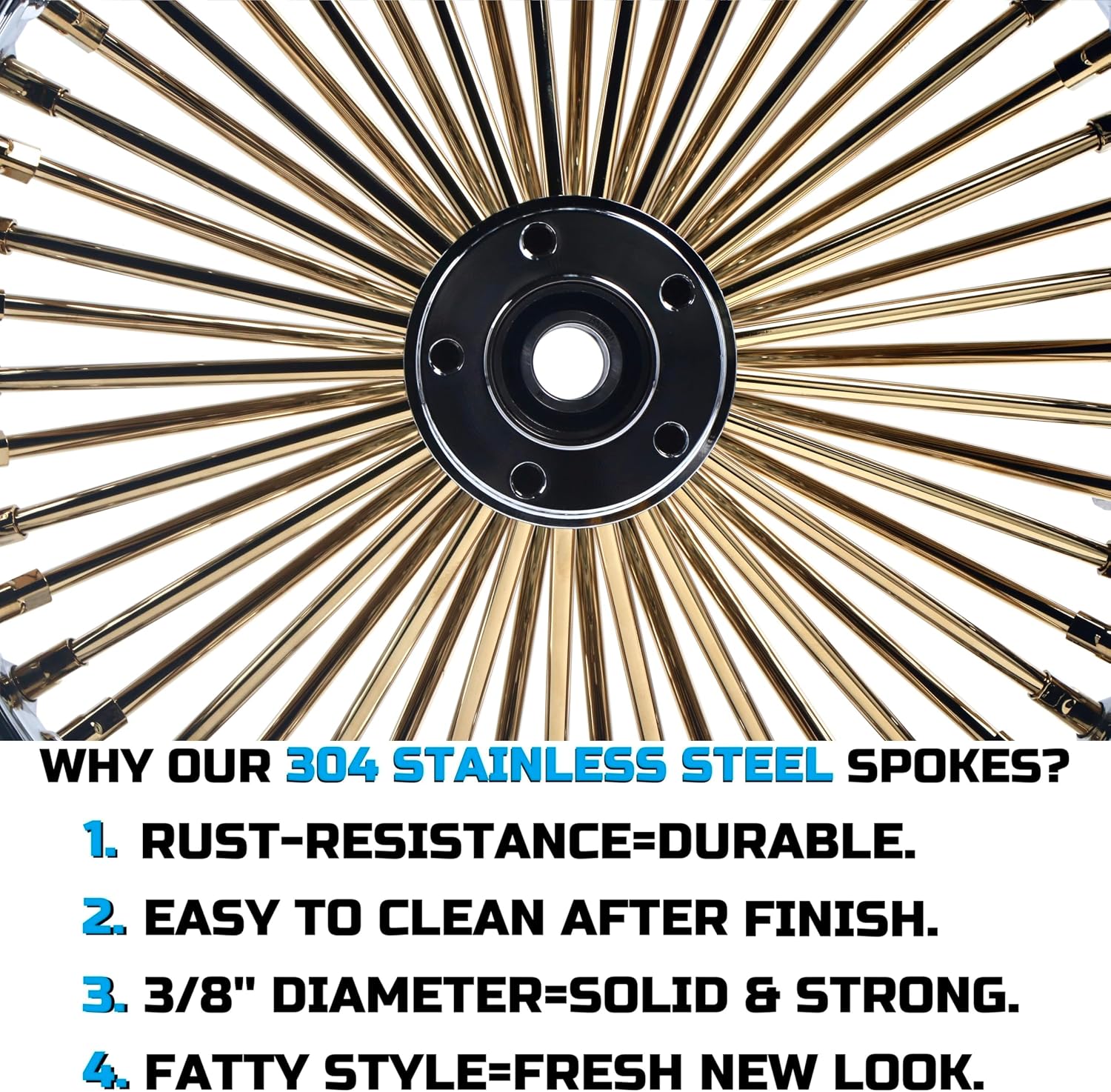 FatFlex 18"×3.5" Golden Vacuum Plated Rear Wheel – GOLD Fat Spoke Stainless Steel Spokes with Chrome Rim for Harley Dyna/Softail/Sportster (2008+ ABS) & 2008 Touring With ABS