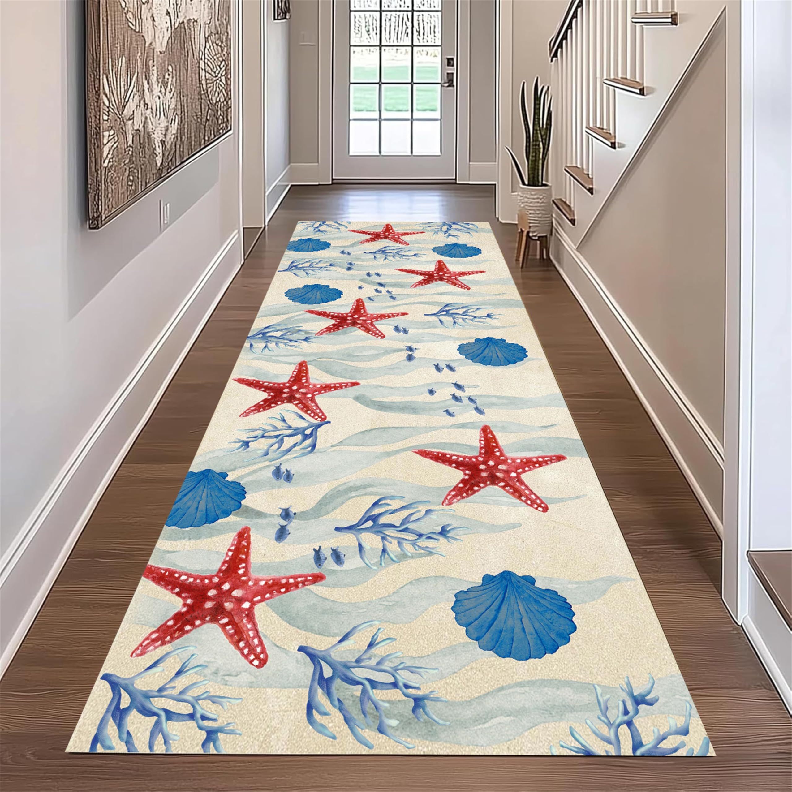 Nautical Ocean Bathroom Rug, 60x120cm Non-Slip Starfish Coral Themed Bath Mat for Bathroom, Kitchen, Living Room, Bedroom, Machine Washable Absorbent Floor Mat With Rubber Backing for Home Decor