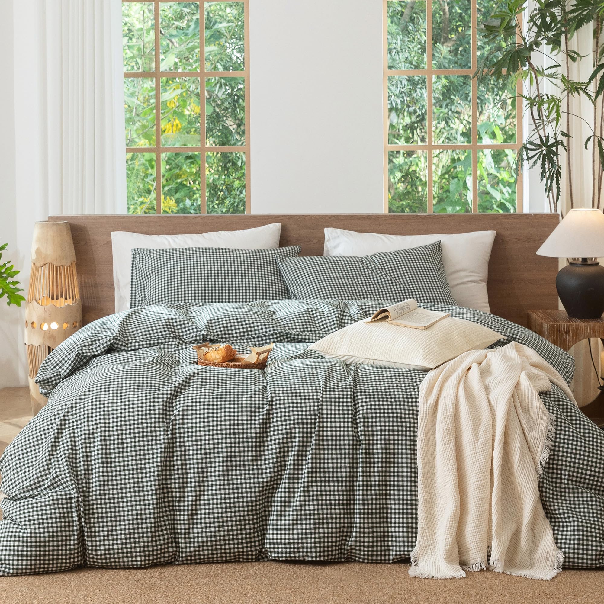 MooMee Gingham Duvet Cover Set 100% Washed Cotton Linen Like King