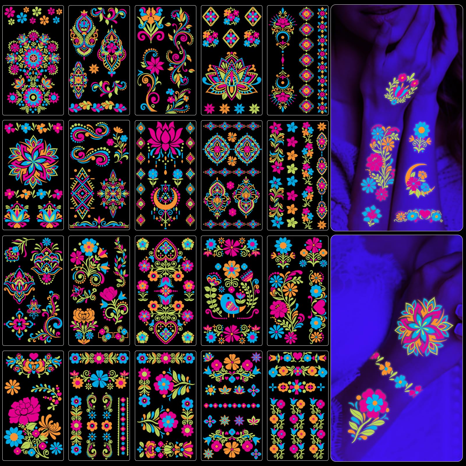 32 Sheets Temporary Tattoo Glow in the Dark, Boho Style Fluorescence UV Neon Body Face Fake Tattoo Waterproof Stickers for Women Men Boys Girls Party Favors, Rave Festival Party Supplies