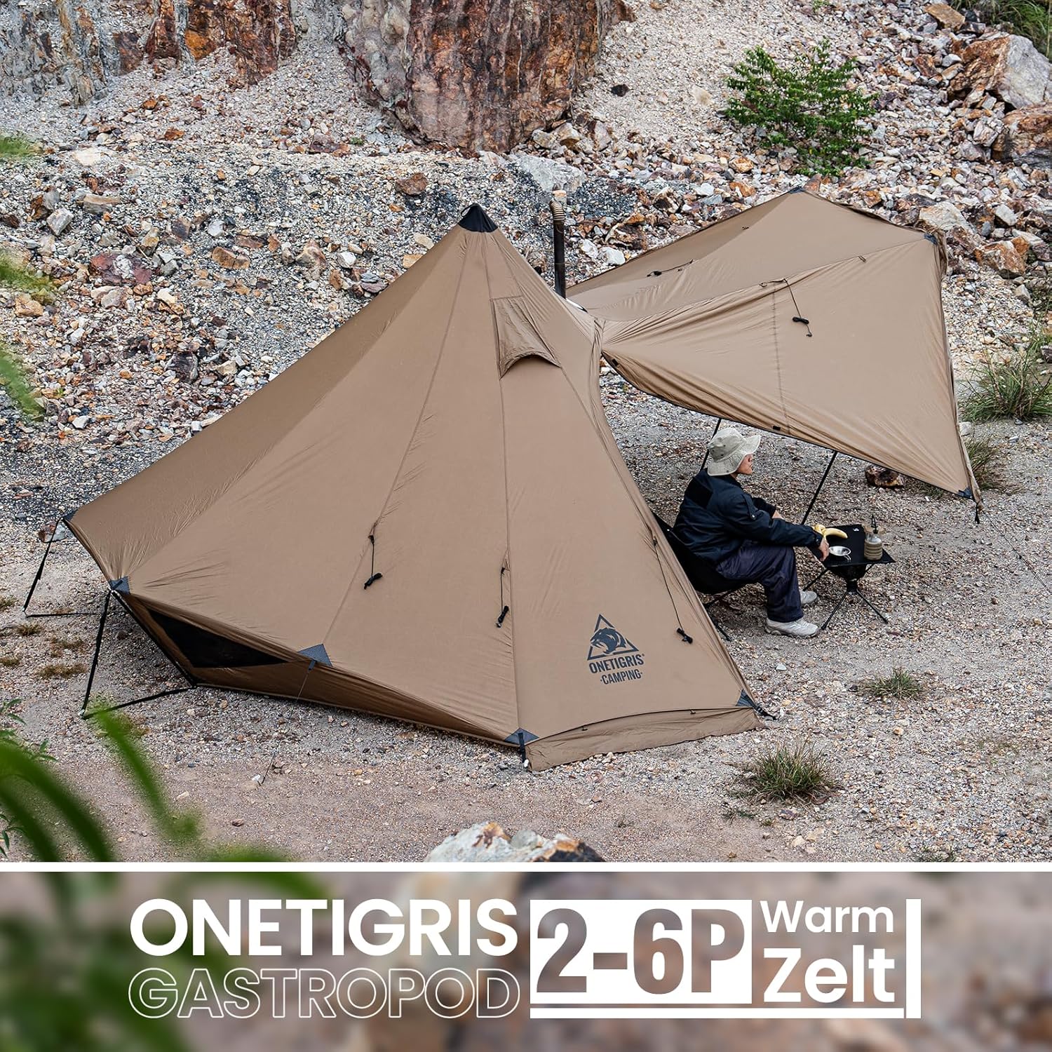 Onetigris Tienda de tipi de gasterópodo para 3-6 personas 4 temporadas con pirámides de agujeros de horno impermeables 3000 mm para acampar a la familia al aire libre