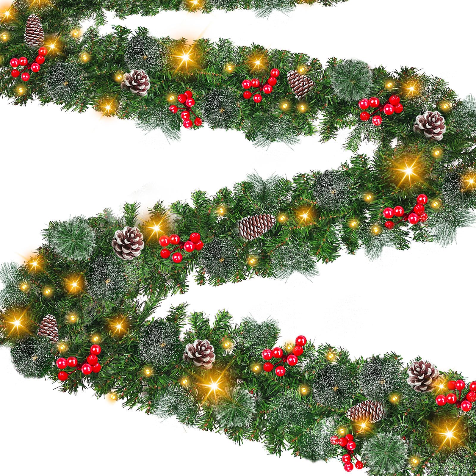 Minuteur et 8 Modes : Guirlande de Noël de 2,7 m x 25,4 cm, 100 lumières LED, Guirlande Lumineuse à Piles, 300 Branches, 198 Baies Rouges, 18 Pommes de pin, Guirlande de Noël pour intérieur et