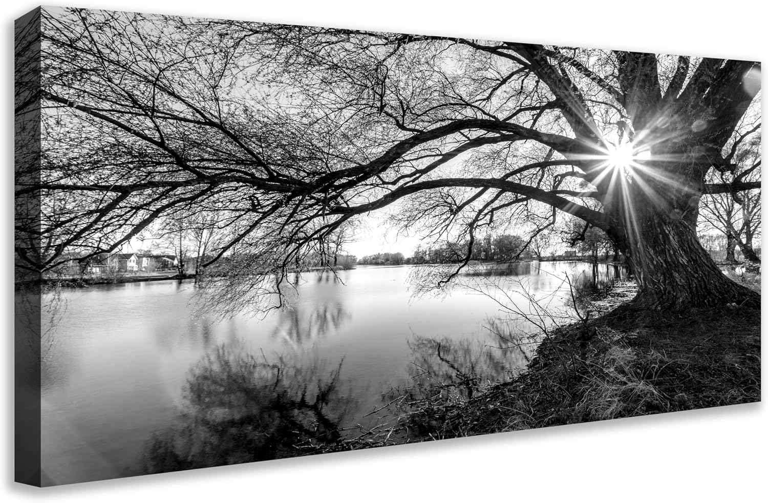 HUADAOART Black and White Tree Lake Landscape Canvas Wall Art Panoramic Nature Picture Sunburst Through Branches 20 x 40 In for Living Room Bedroom Home Office Decor Ready To Hang