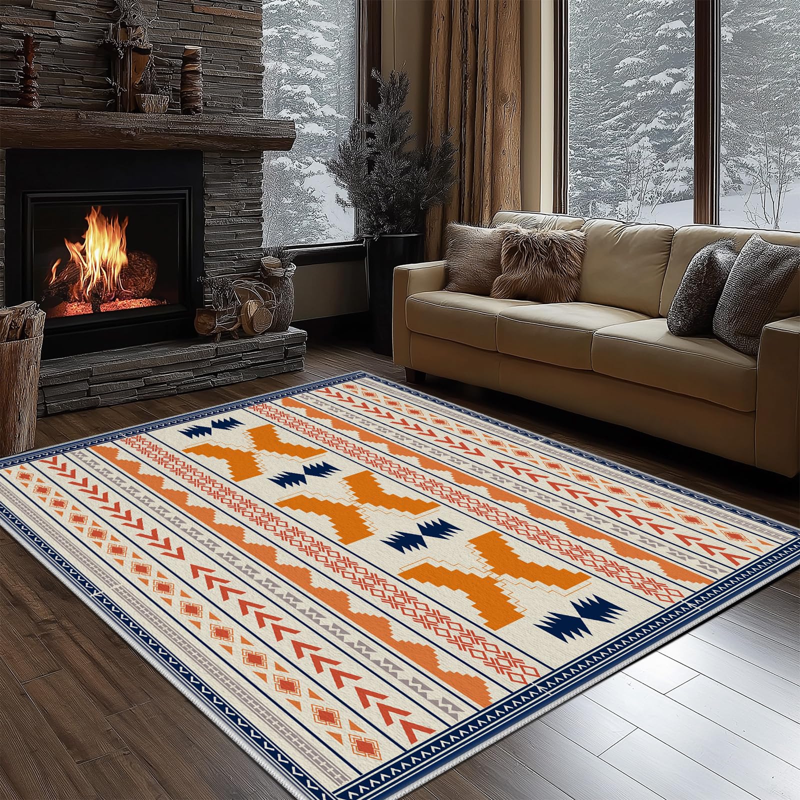 Tapis antidérapant géométrie orange style ethnique poil ras doux pour sol glissant