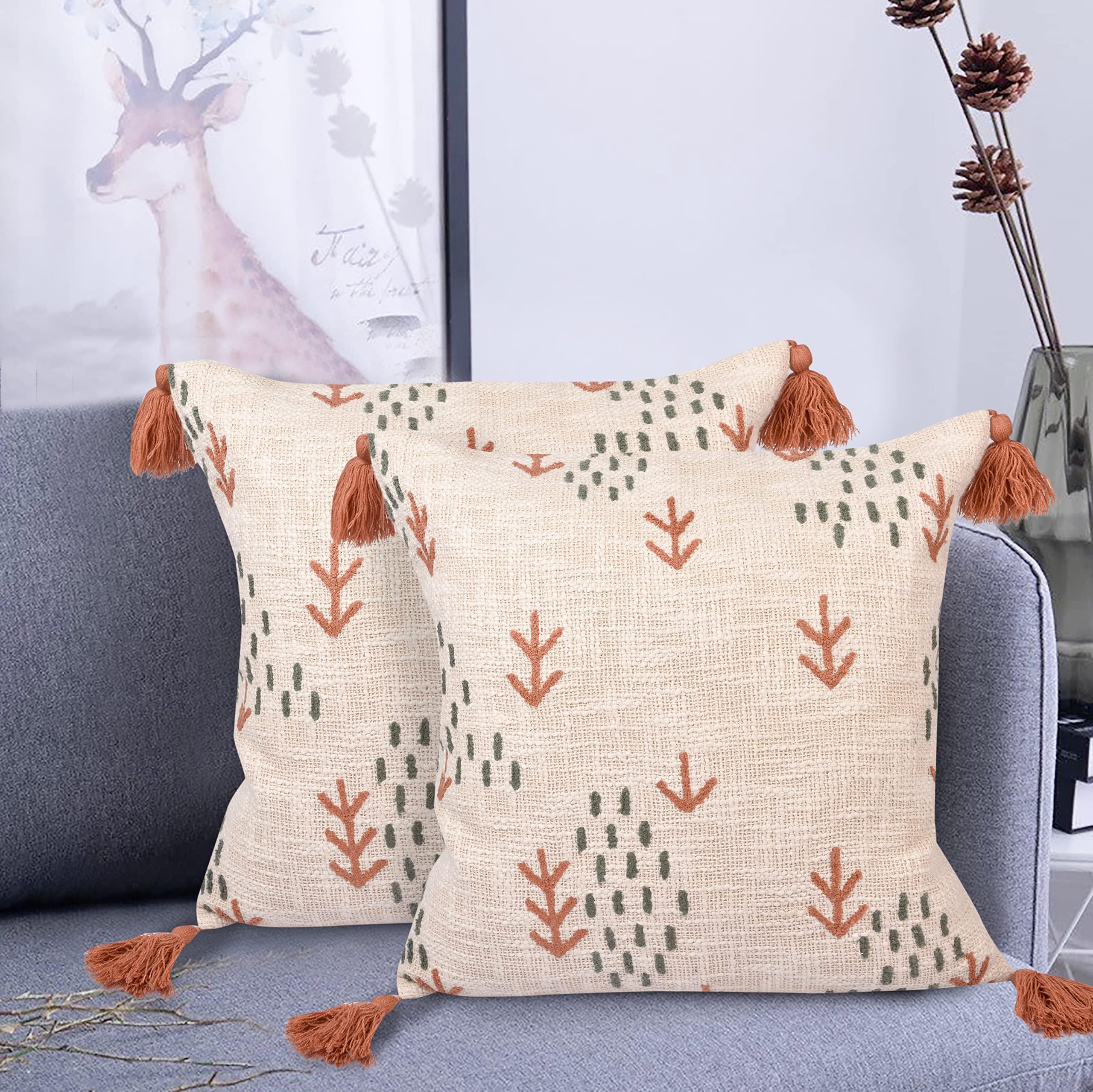 100% Cotton Throw Pillow Covers Set of 2, Decorative Cushion Cover for Couch, Boho Throw Pillow Cases with Tassels Pillow Covers ( 18 x 18 Inches | 45 x 45 cm Color: Rust - Gray )