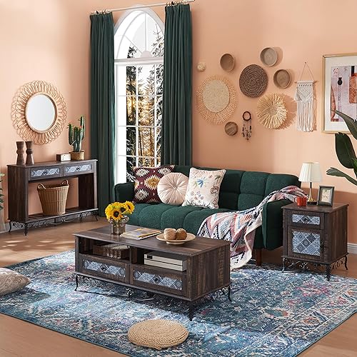 Miniatura 3 de OKD Mesa de centro bohemia de 48 pulgadas con cajones deslizantes, mesa de centro bohemia medieval rústica, detalles ornamentados, hermosa