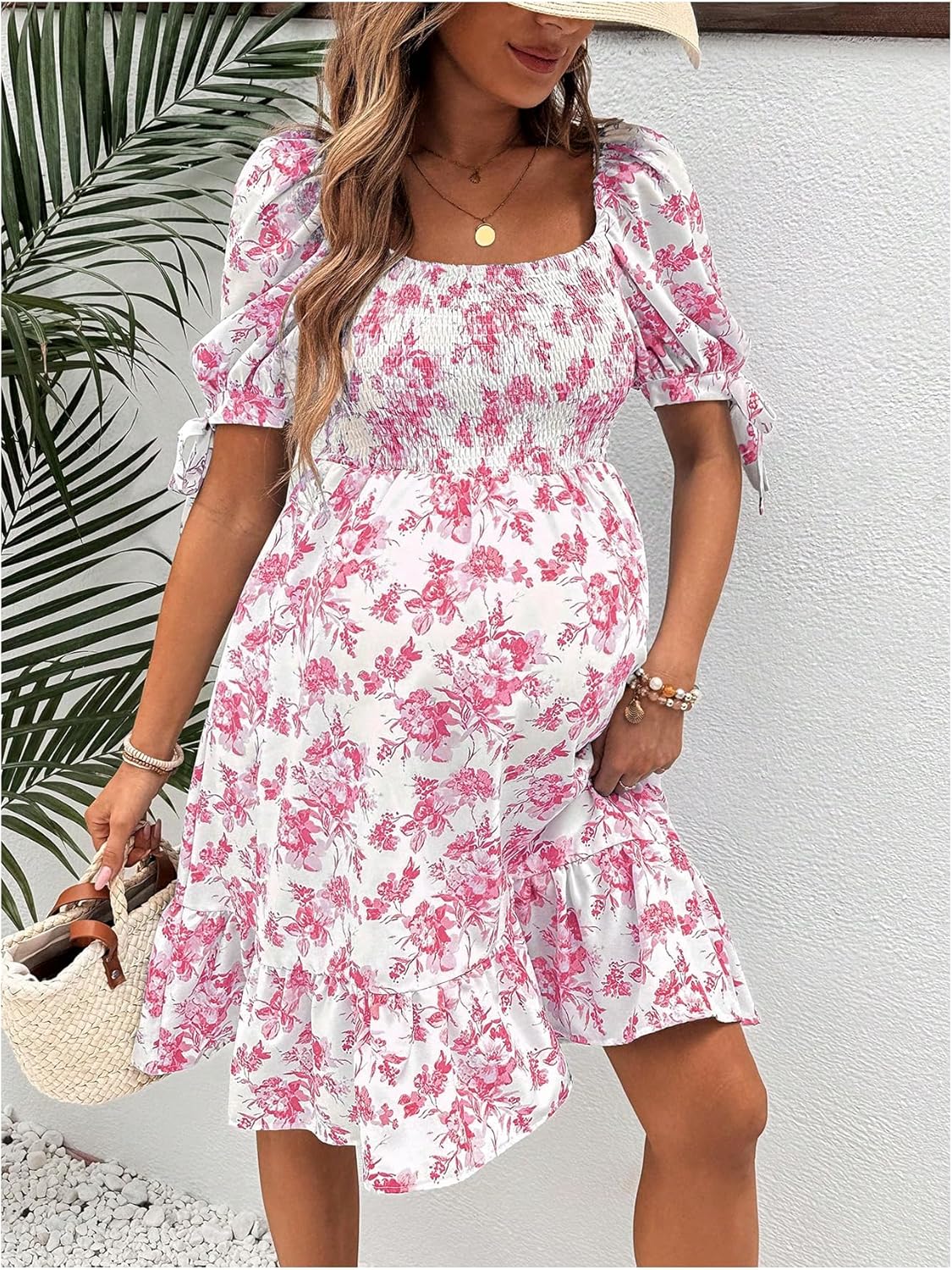 MakeMeChic Women's Maternity Dress Summer Beach Sundress Floral Puff Sleeve Baby Shower Dress