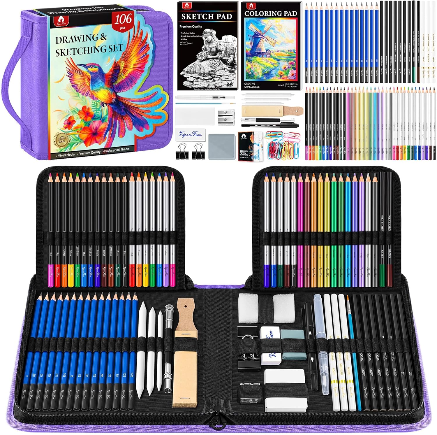106 PCS Art Supplies Sketching Kit, Pro Drawing Pencils with 3-Color Sketchbook, Coloring Book, Colored Graphite Charcoal Watercolor & Metallic Pencils, Drawing Supplies Gifts for Artists Adults