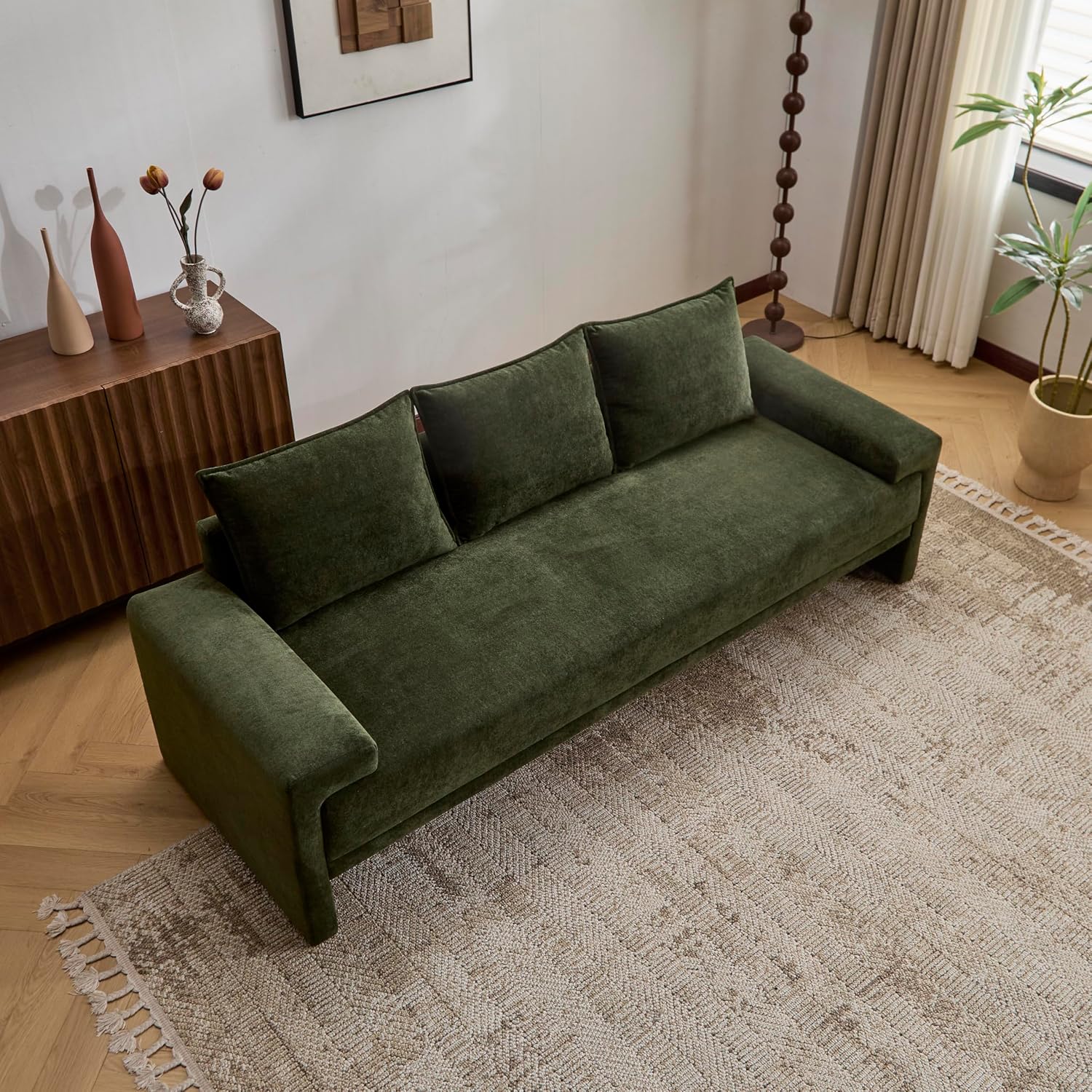 Christopher Knight Home Ahrab 84" Upholstered with 3 Back Pillows, Modern Fabric 3-Seater Sofa, Cozy Oversized Loveseat with Low Armrest, Spacious Lounge Seating for Living Room Home Rest, Green