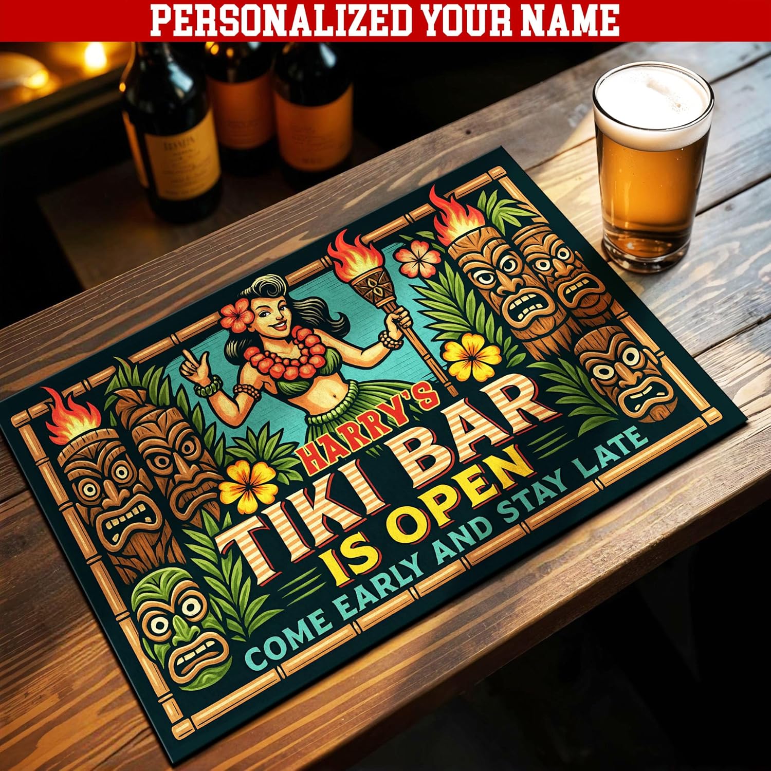 Personalized Tiki Bar Mat for Tiki Bar Decorations, Dish Drying Mat Rubber Backed Absorbent Tropical Tiki Totem Pattern, Countertop Accessories (05)
