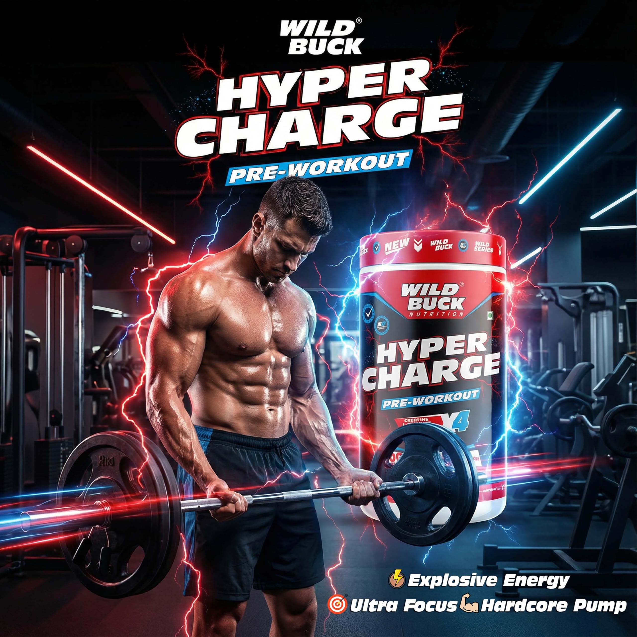 Wild Buck Hyper Charge Pre-X4 Hardcore Pre-Workout Supplement with Creatine Monohydrate, Arginine AAKG, Beta-Alanine & Muscle Pump Formula | Caffeinated Punch for Explosive Energy, Focus & Strength [100 Servings, Cranberry Blast] — Amazon image 3