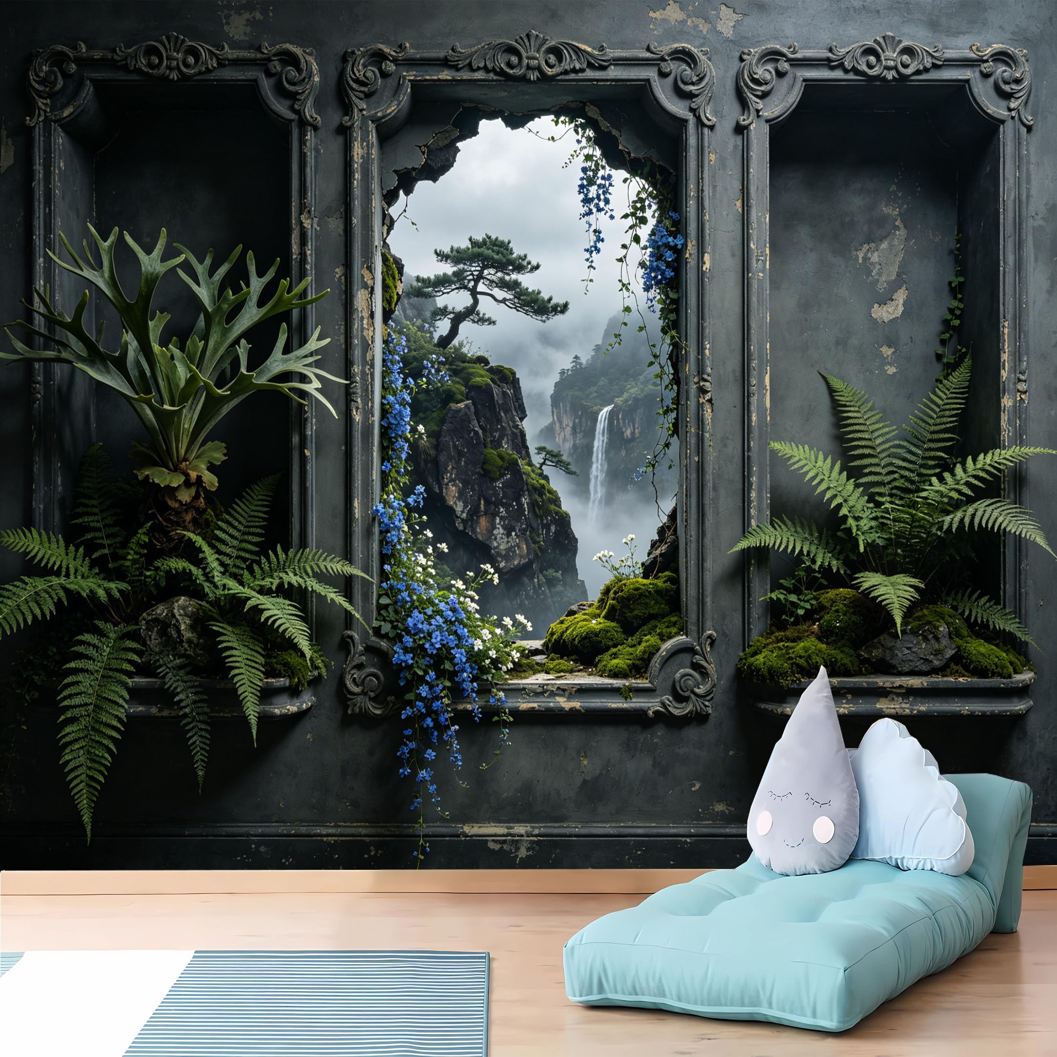 Custom Size Wall Murals 3D Misty Mountain Waterfall Through Broken Ornate Window HD Wall Murals Self-Adhesive Wall Fabric (NO PVC) Removable Wallpaper for Living Room