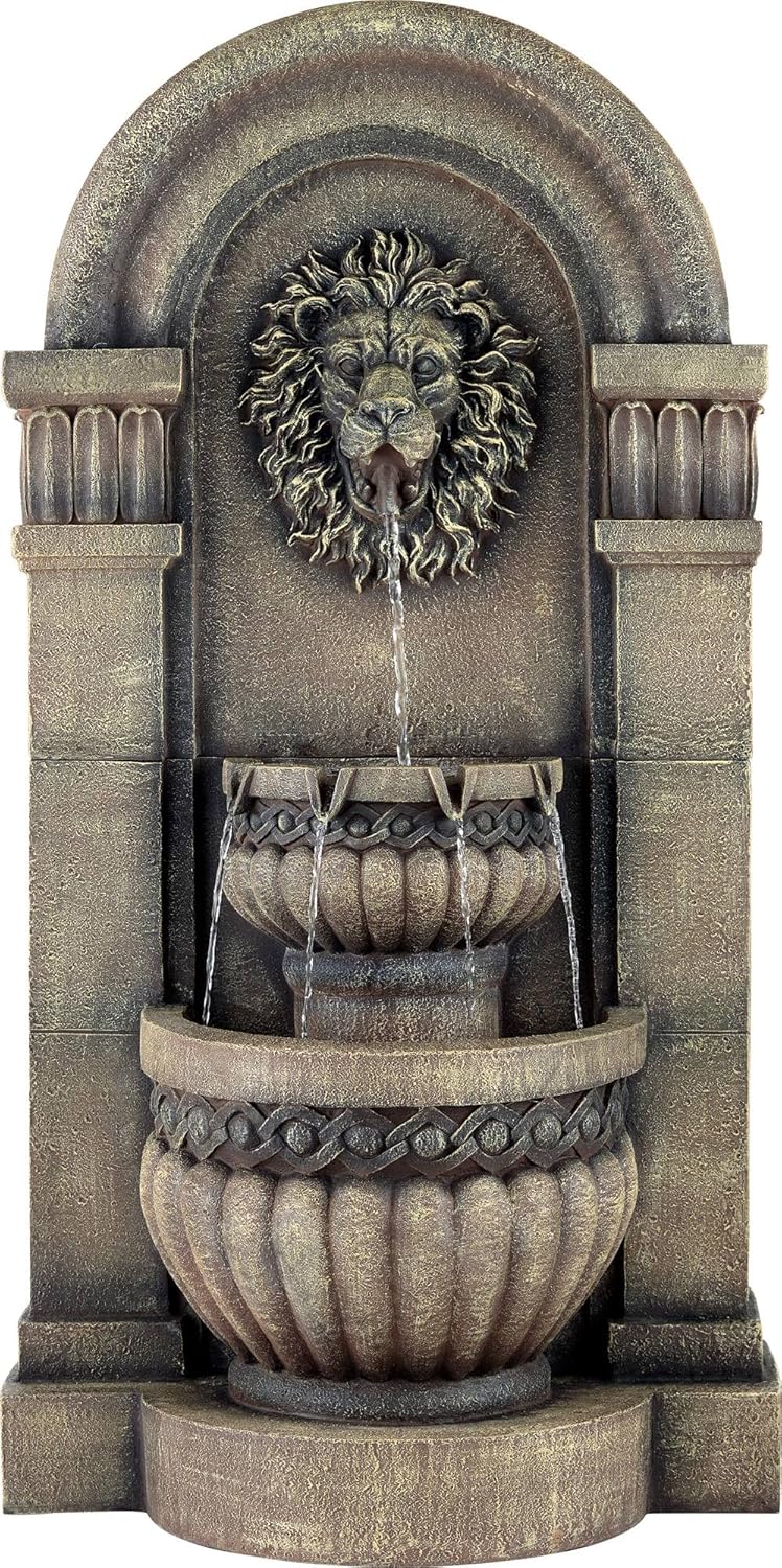 Roman Lion Face Gray Resin 50" Outdoor Floor Water Fountain with LED Light