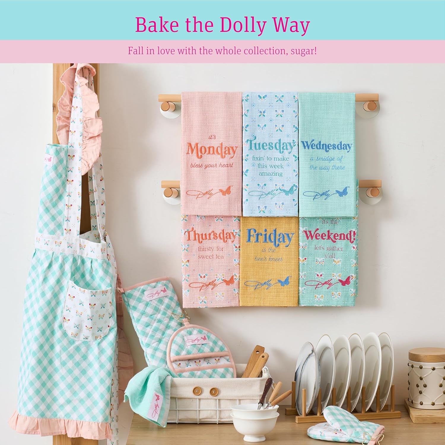 Dolly Parton Days of the Week Kitchen Towel Set - 100% Cotton Soft Durable Dishtowel Décor with Dolly Signature Embroidery, Cute Phrases, and Butterflies for Everyday Use - Butterfly Multi Colored 6pk