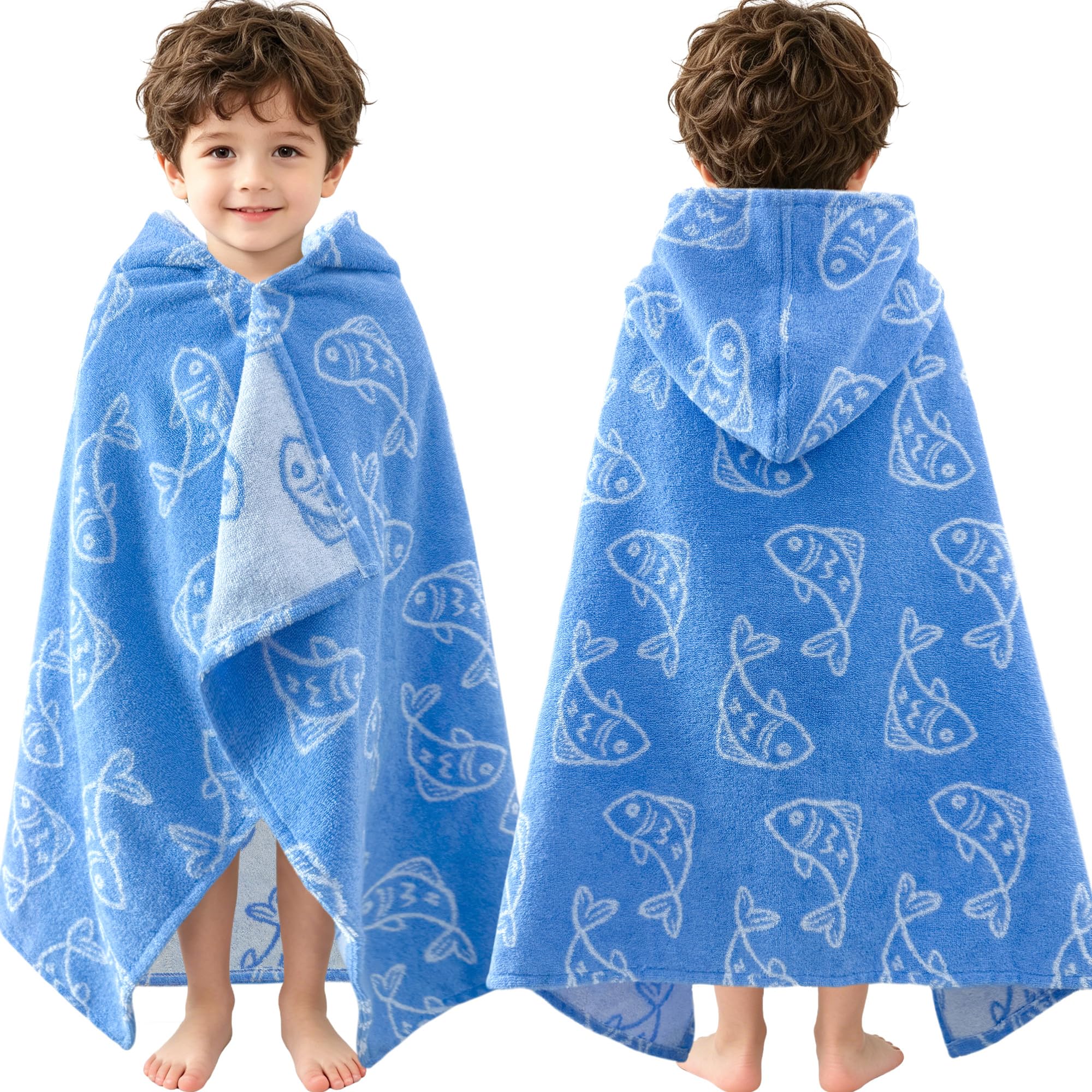 VOOVA & MOVAS Blue Fish Beach Towel Toddler,0-3 Years,100% Cotton,Absorbent | 40"x25", Beach Pool Bath Towel,Gift for Boys,Wearable Towel,Thick,Ultra Gentle,Machine Washable Durable,Premium Quality Jacquard Blue With White Fish 40"x25"(0-3 Years)