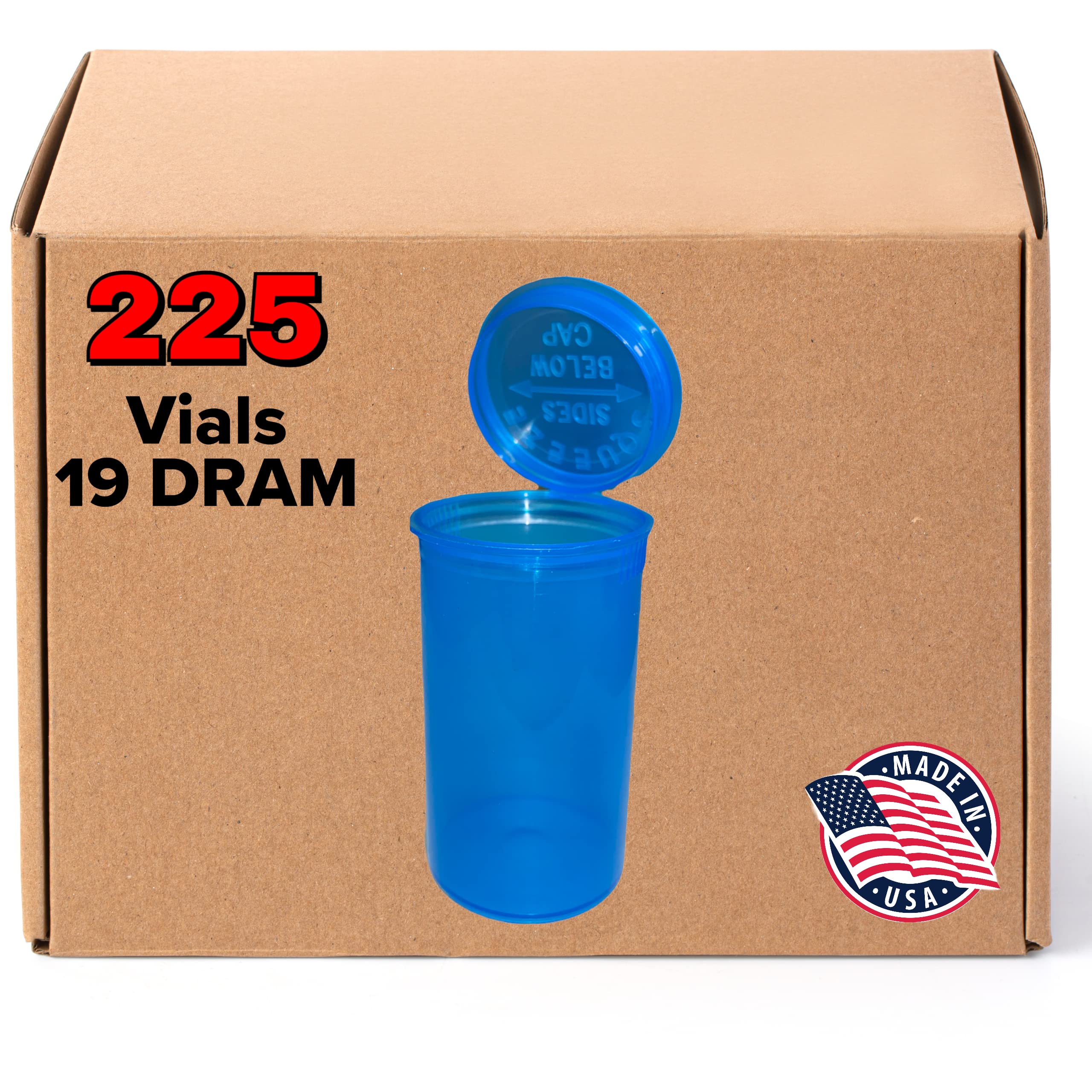 DRAM 19 Pop Top Bottles (Translucent-Blue)(2.75In Deep X 1.5In Wide) - Child Resistant Container - Pill Vials - Rx Vial - 225 Count