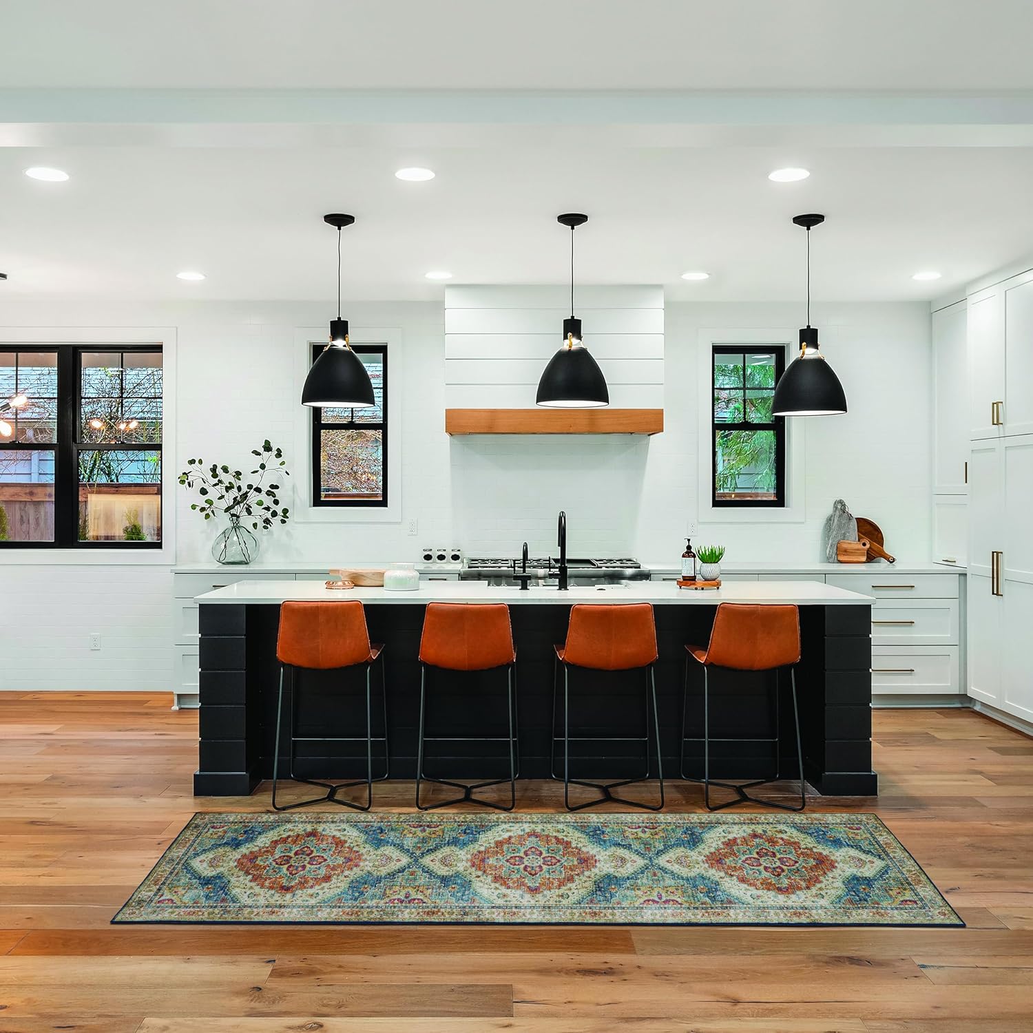 Creative Home Ideas Printed Chenille Runner Rugs - for Bedroom, Kitchen, Living Room, Entryway, Hallway, Playroom - Posey Pattern - Non Skid & Washable, 2' x 8', Blue