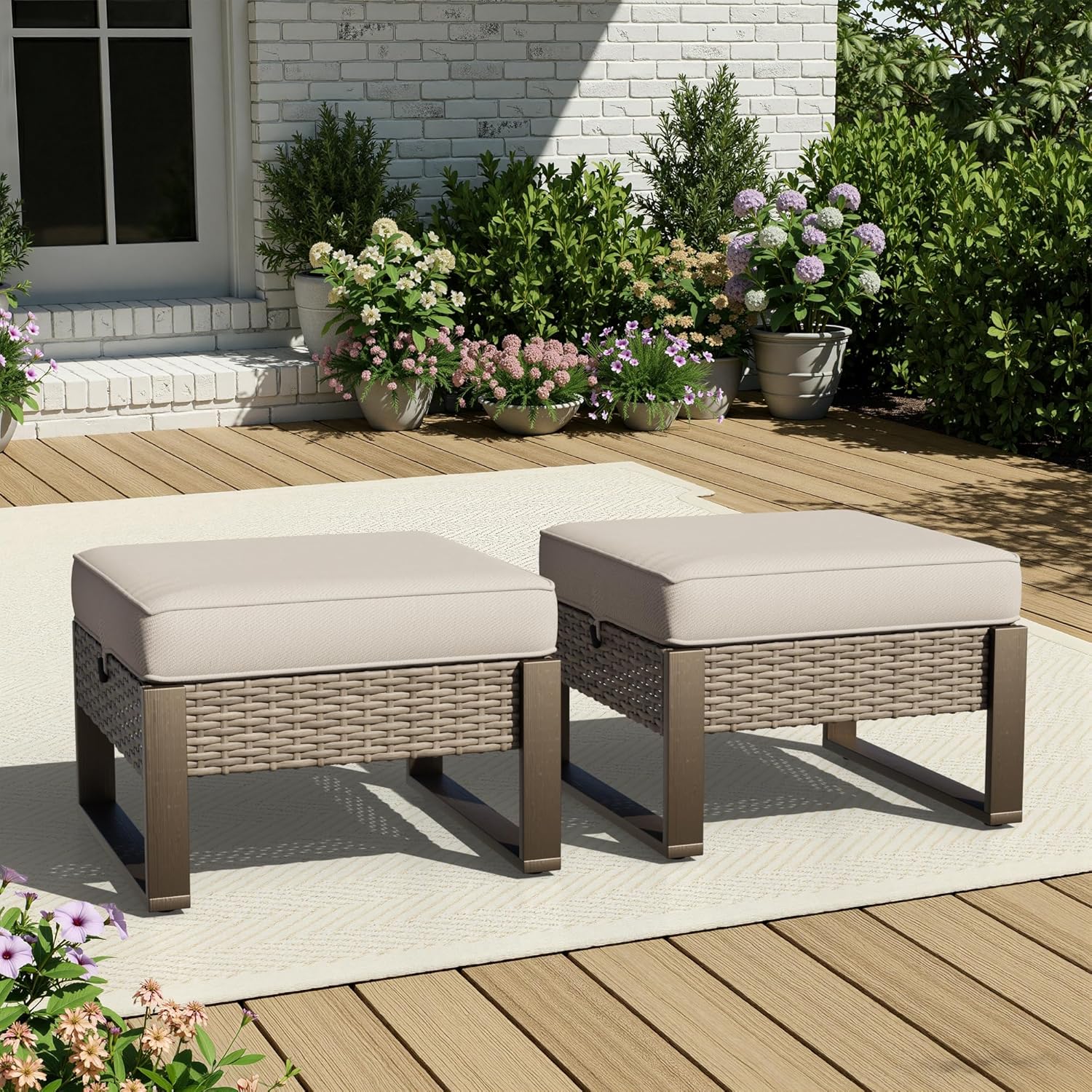 Joyside Outdoor Patio, All-Weather PE Rattan Ottomans Footstools with Removable Cushions & Anti-Rust Wood-Looking Legs for Garden, Backyard, Porch, Deck (Beige)