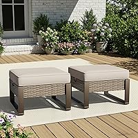 Joyside Beige PE Rattan Outdoor Ottomans with Removable Cushions - All-Weather Footstools for Patio, Porch, Deck, Garden