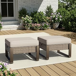 Joyside Beige PE Rattan Outdoor Ottomans with Removable Cushions - All-Weather Footstools for Patio, Porch, Deck, Garden