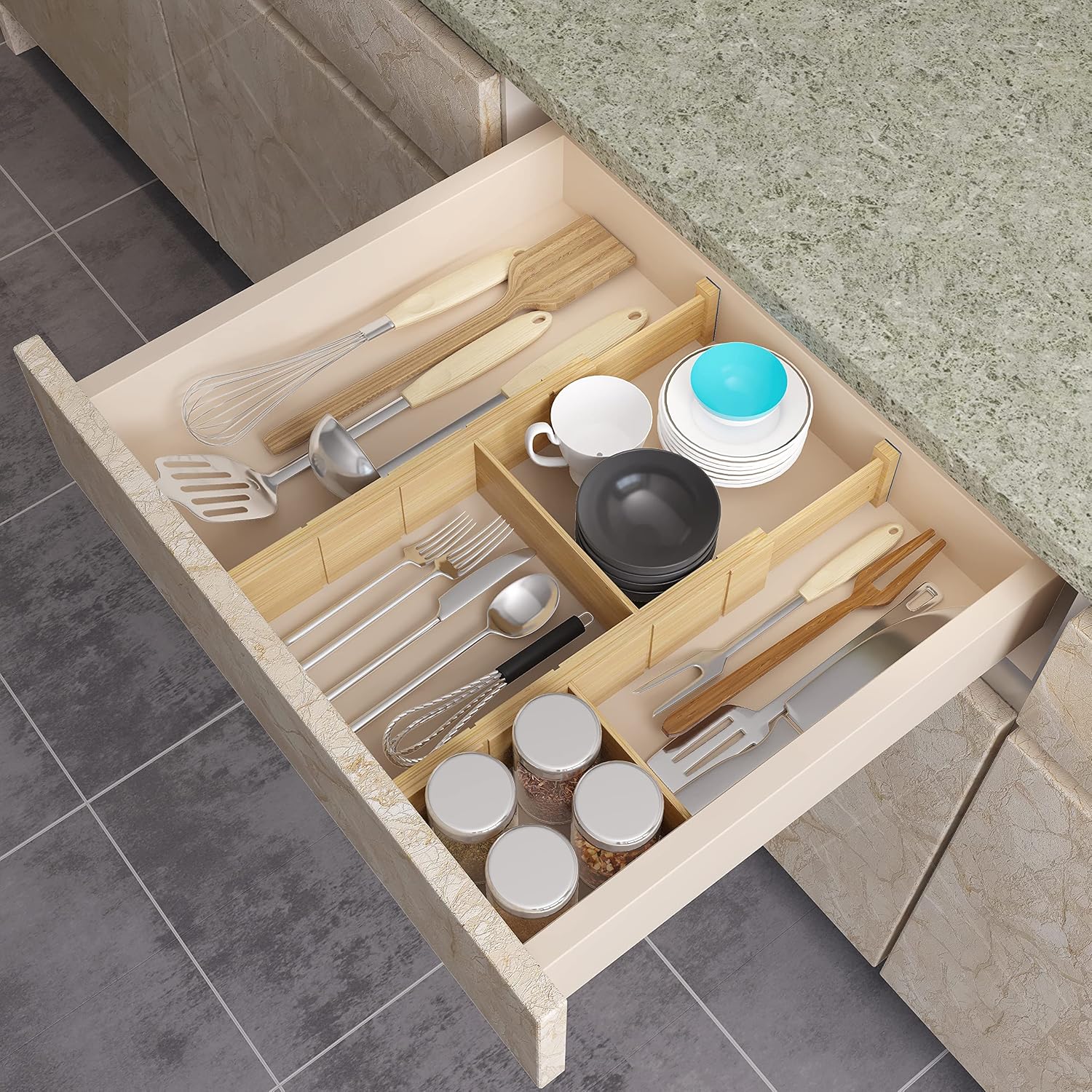 BAMEOS Drawer Dividers Bamboo Organizer 6 Extra Mini Inserts, Cutlery Organizer Adjustable Expandable Utensil Holder Dresser Drawer Separators, for Bedroom, Bathroom, Office, Garage, 4 packs