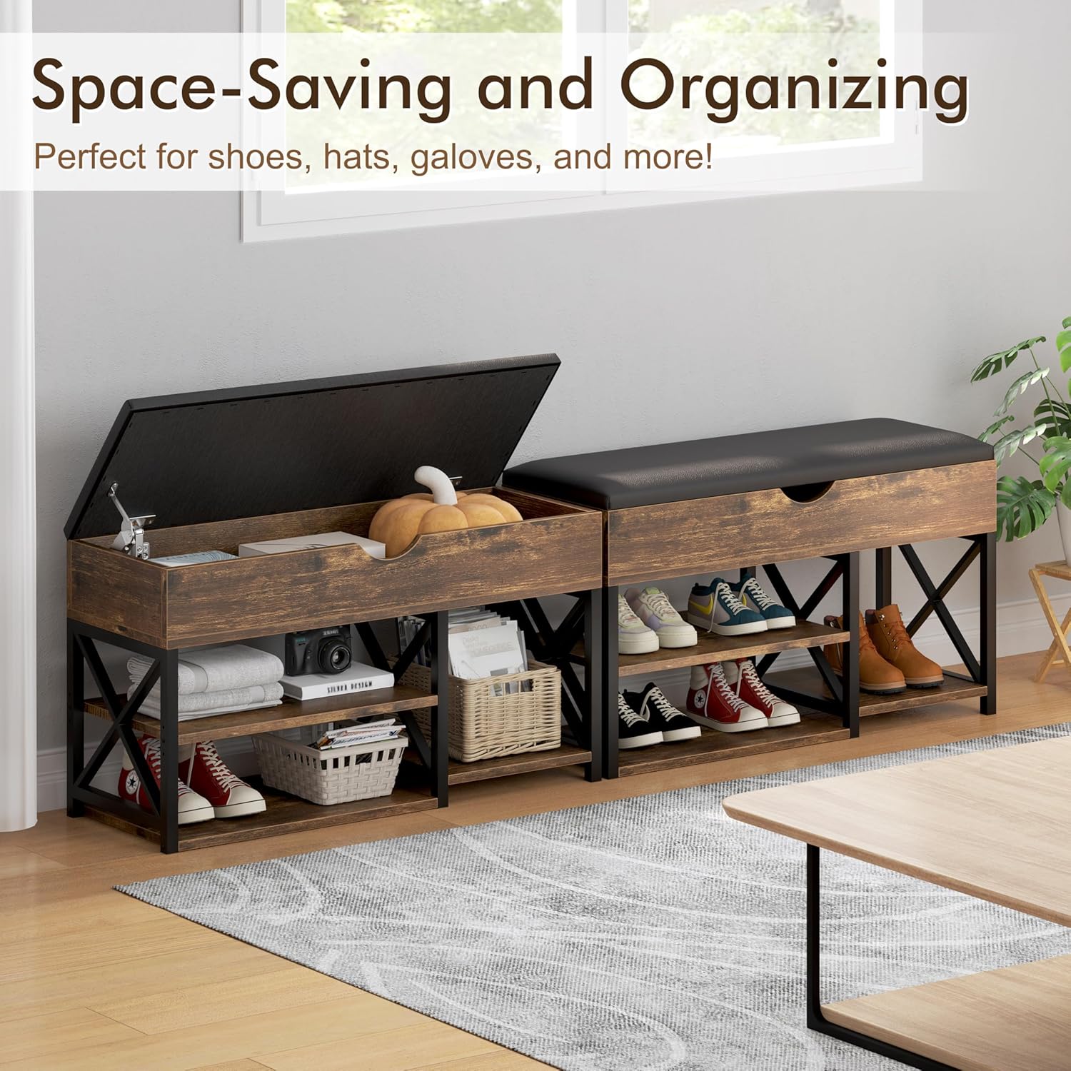 NUNU LAB Shoe Storage Bench, Multifunctional Entryway Bench with 3-Tier Shoe Rack & Cushioned Seat, Shoe Rack for Front Door Entrance, Brown