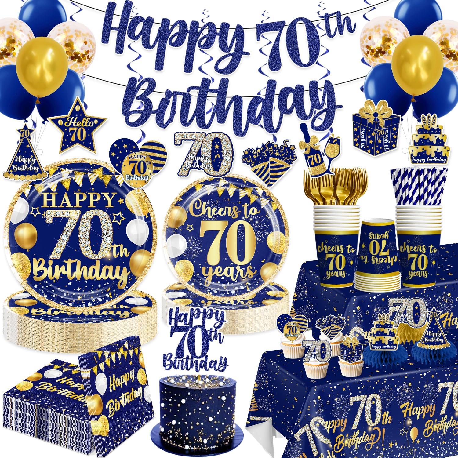 Yingoto 70th Birthday Decorations Men, with Cake Topper, Serves 25 Guests, 70th Birthday Disposable Tableware Set, with Table Cloth, Banner, Plates,
