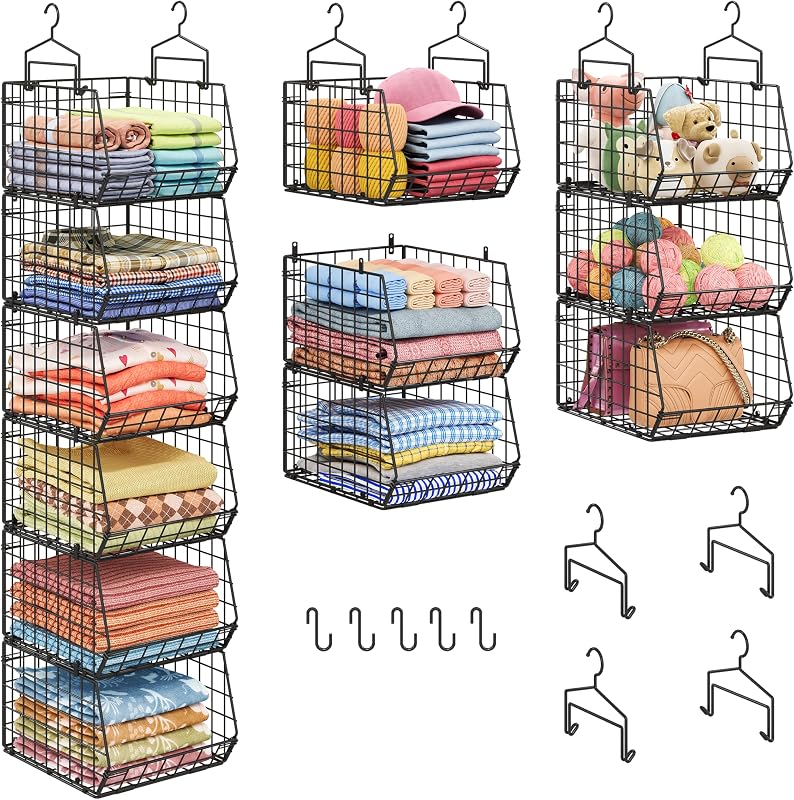 6-Tier Extended Depth Hanging Closet Organizers and Storage for Closet Organization, Stackable Hanging Shelves with Hooks for Clothes Sweaters Towels Purses, Fits Closet Shelves & Wire Metal Shelving
