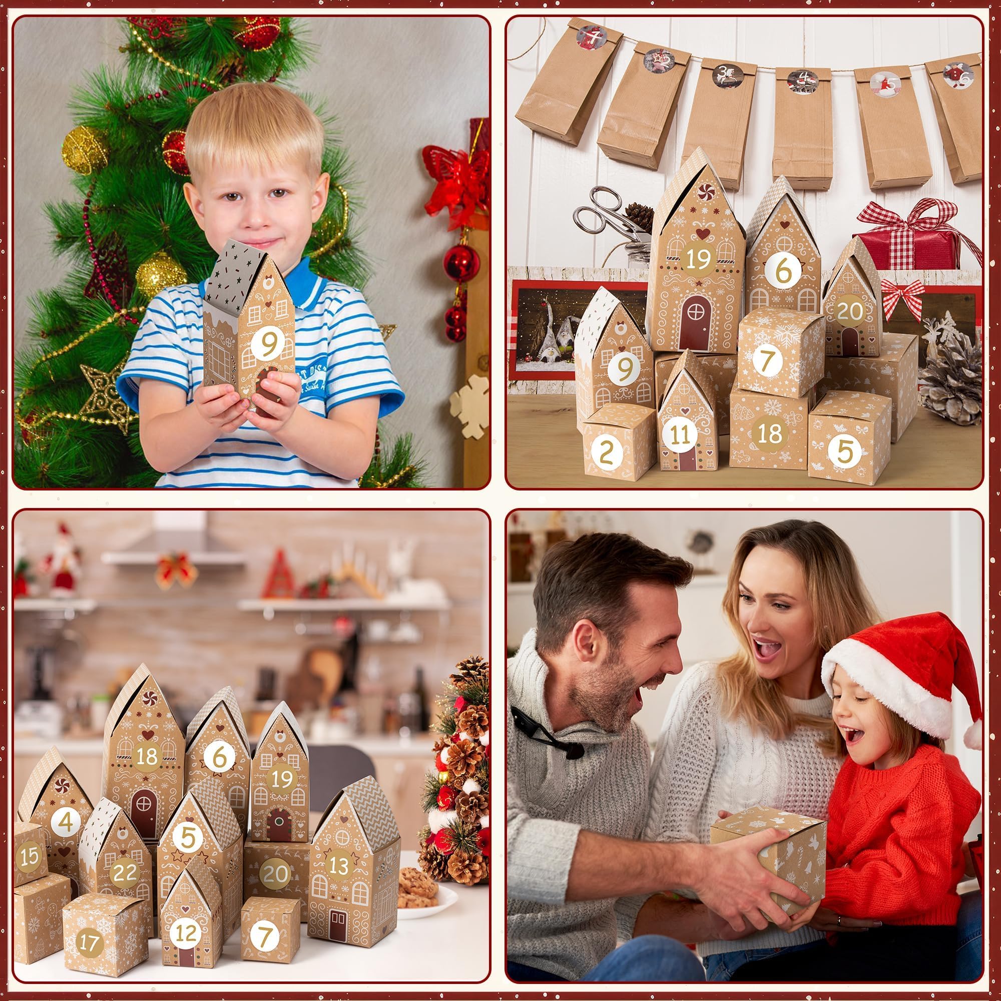 28Pcs Weihnachten Adventskalender Süßigkeiten Leckereien Boxen Leere Adventskalender Boxen zum Befüllen 24 Tage Weihnachten Advent Countdown Nummer Label Aufkleber Geschenkboxen Lebkuchenhaus