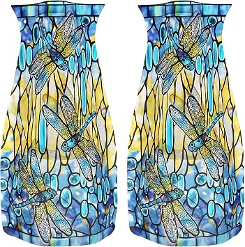 MODGY Expandable Flower Vase, Plastic Decorative Modern Foldable Printed Vases for Centerpieces for Wedding, Dining Table, Home Decor, Living Room, Bathroom, Dragonfly, Louis C. Tiffany, 2 Pack