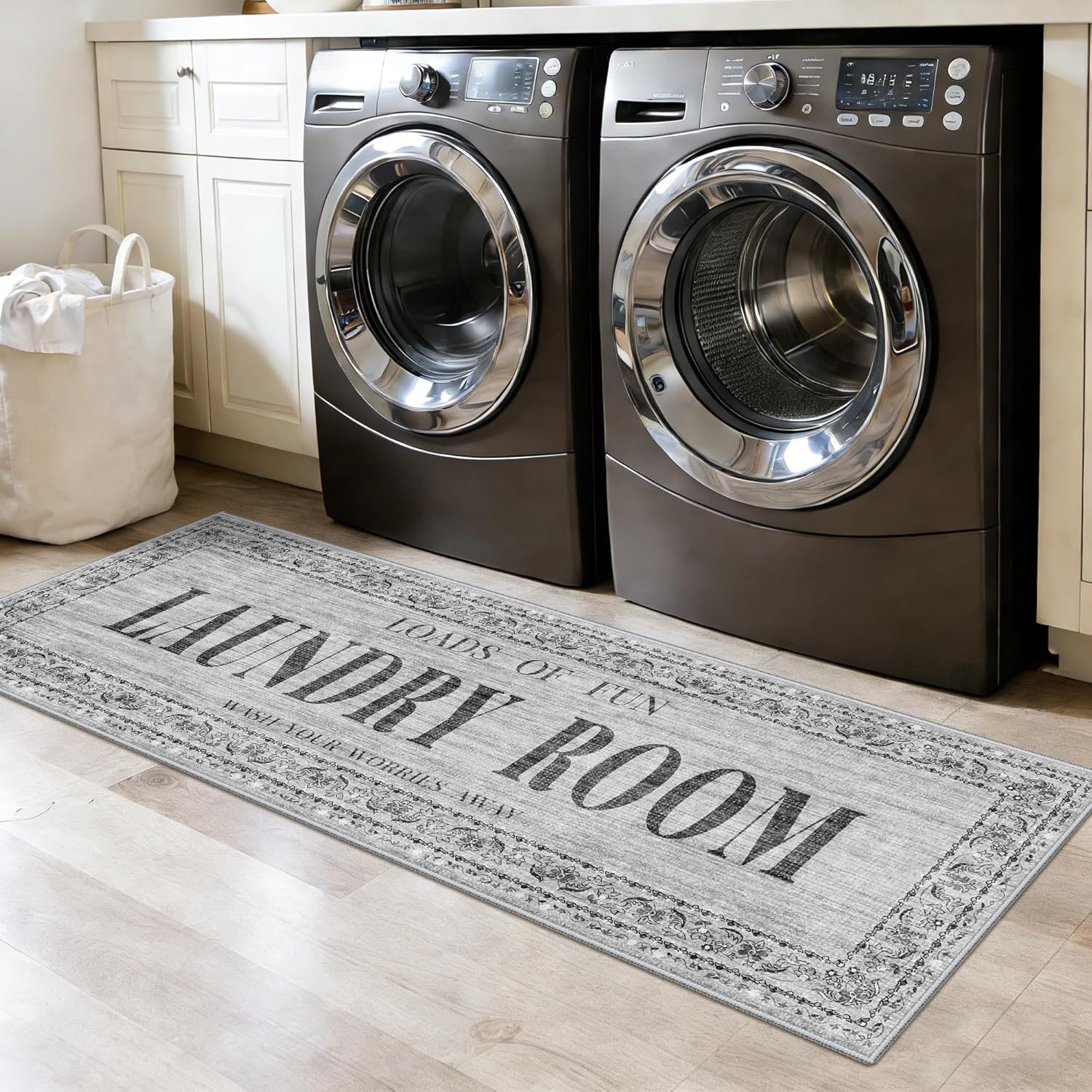 20"x60" Non-Slip Laundry Room Rug: Washable Rug for Laundry Room Mudroom Bathroom - Vintage Distressed Mat Farmhouse Home Decor - Durable Stain Resistant Floor Carpet for High-Traffic Area 20"x60"Grey