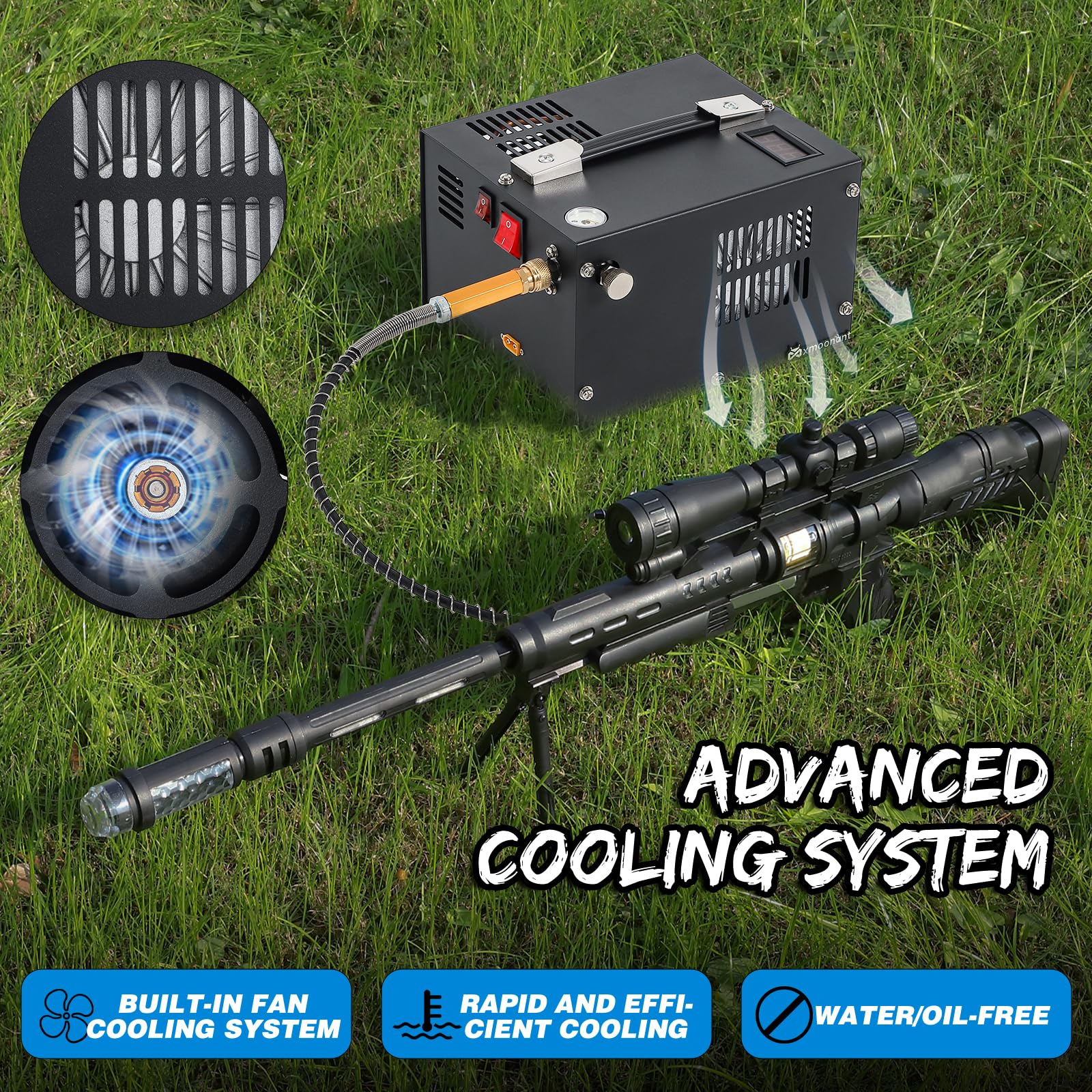 Mxmoonant 300bar / 4500psi / 30mpa Pcp Compresor de Aire, para Airsoft, Pistolas de Paintball, Coche, Alimentado por Automóvil Doméstico DC12V o 220V AC | Sin aceite y agua, pantalla de temperatura, compacto, para PCP/Airsoft/Paintball