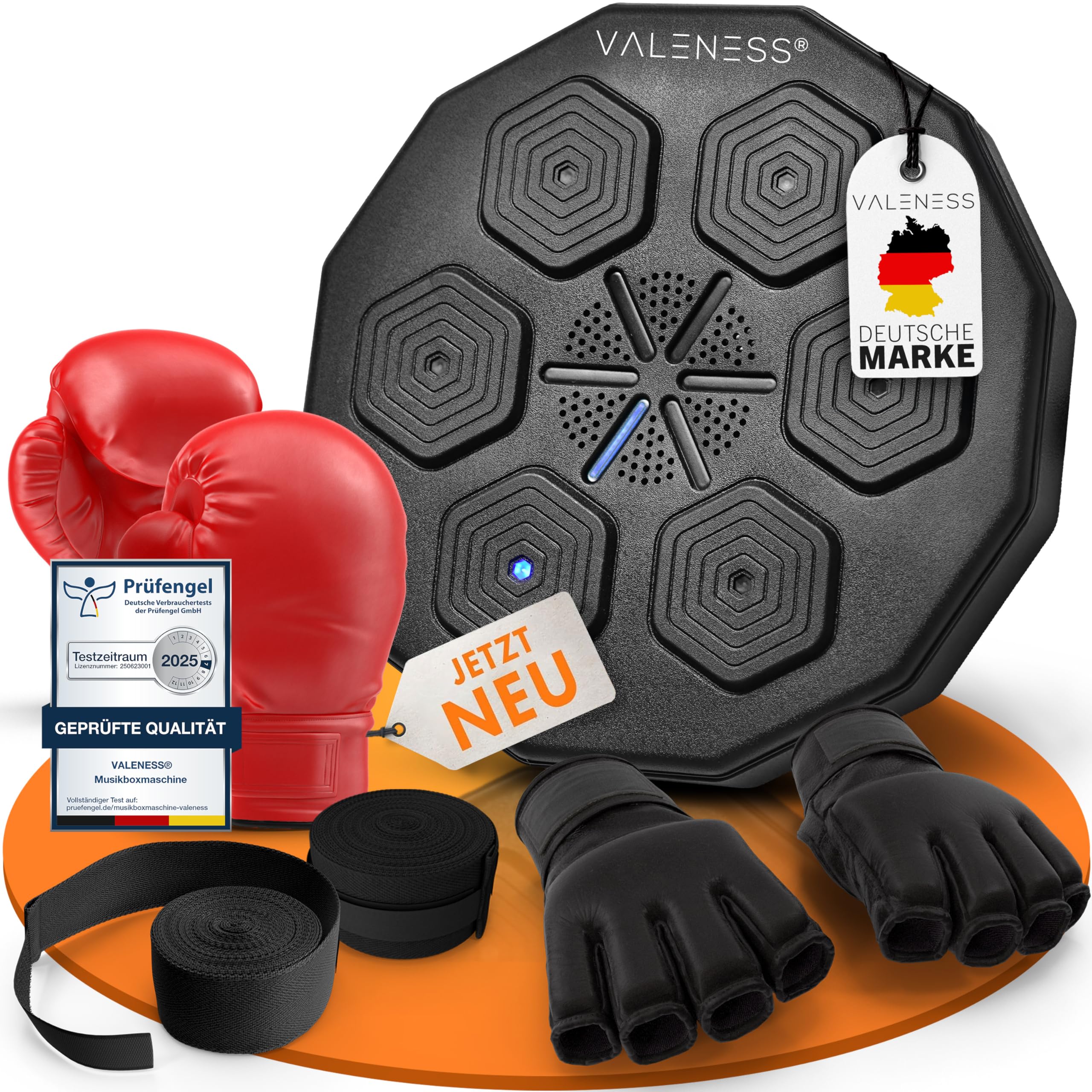 VALENESS® Musik Box Maschine – Smarte Boxing Machine mit Musik & LED – Boxmaschine mit Bluetooth, Zählfunktion & Boxhandschuhen – Wandgerät für Erwachsene & Kinder – Musik Power Boxing