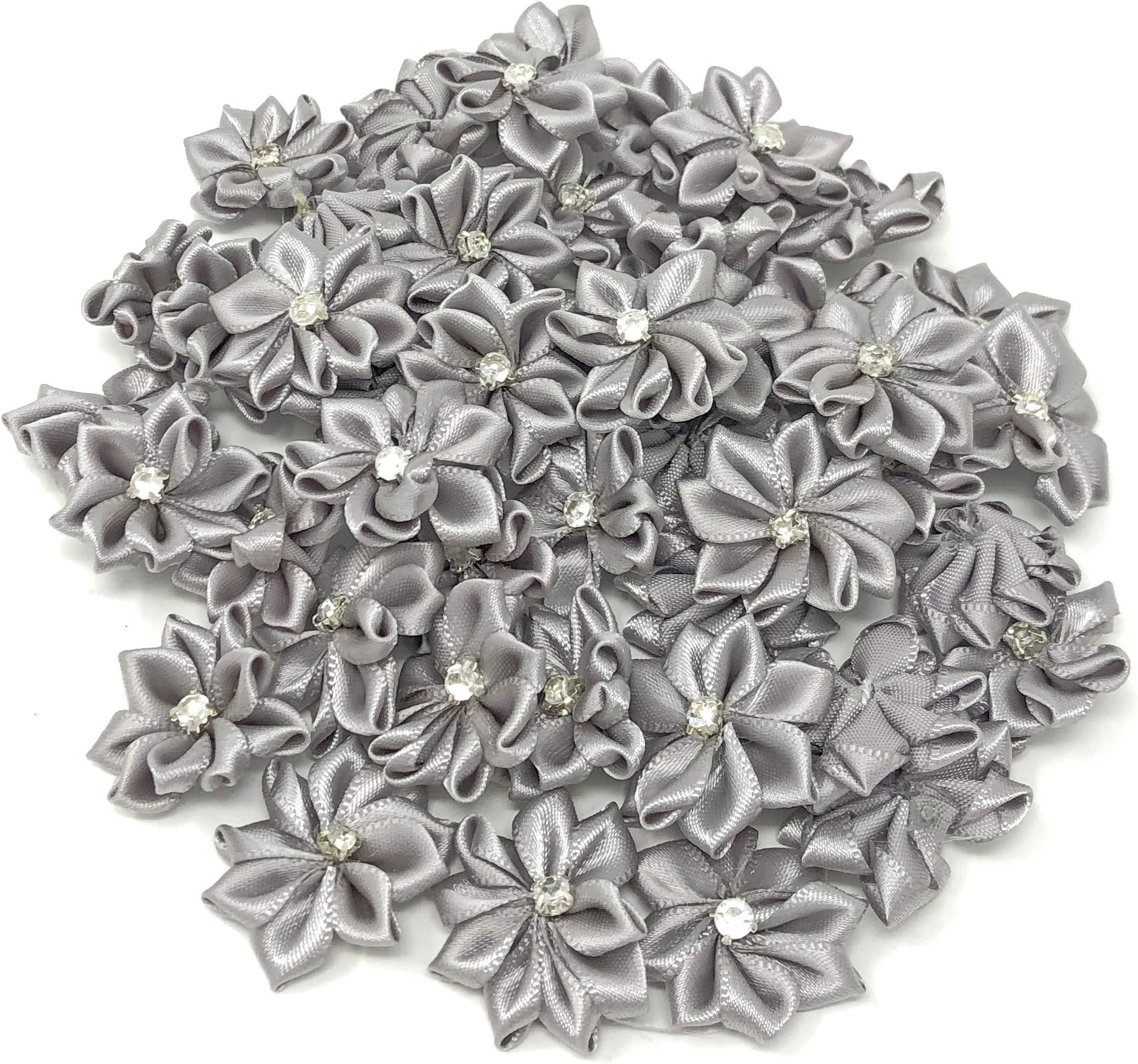 Wedding Touches Grey 25mm Satin Ribbon Flowers with Rhinestone Diamante Centre, Craft Flowers (10)