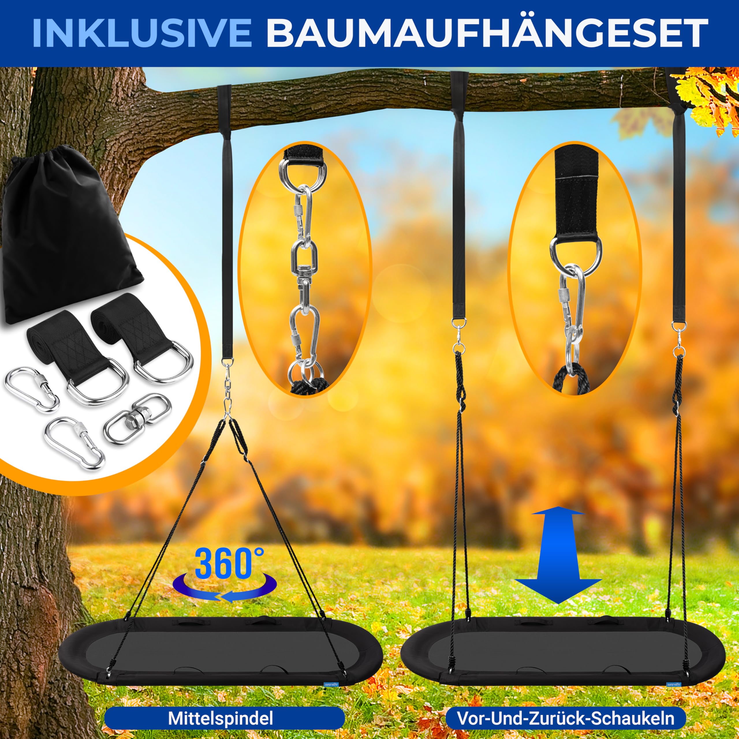 SereneLife Nestschaukel Indoor Outdoor, 170 cm Kinder Schaukel, bis 320 kg belastbar, ovale Baumschaukel mit Kissen für Garten, Kinder & Erwachsene, Schwarz