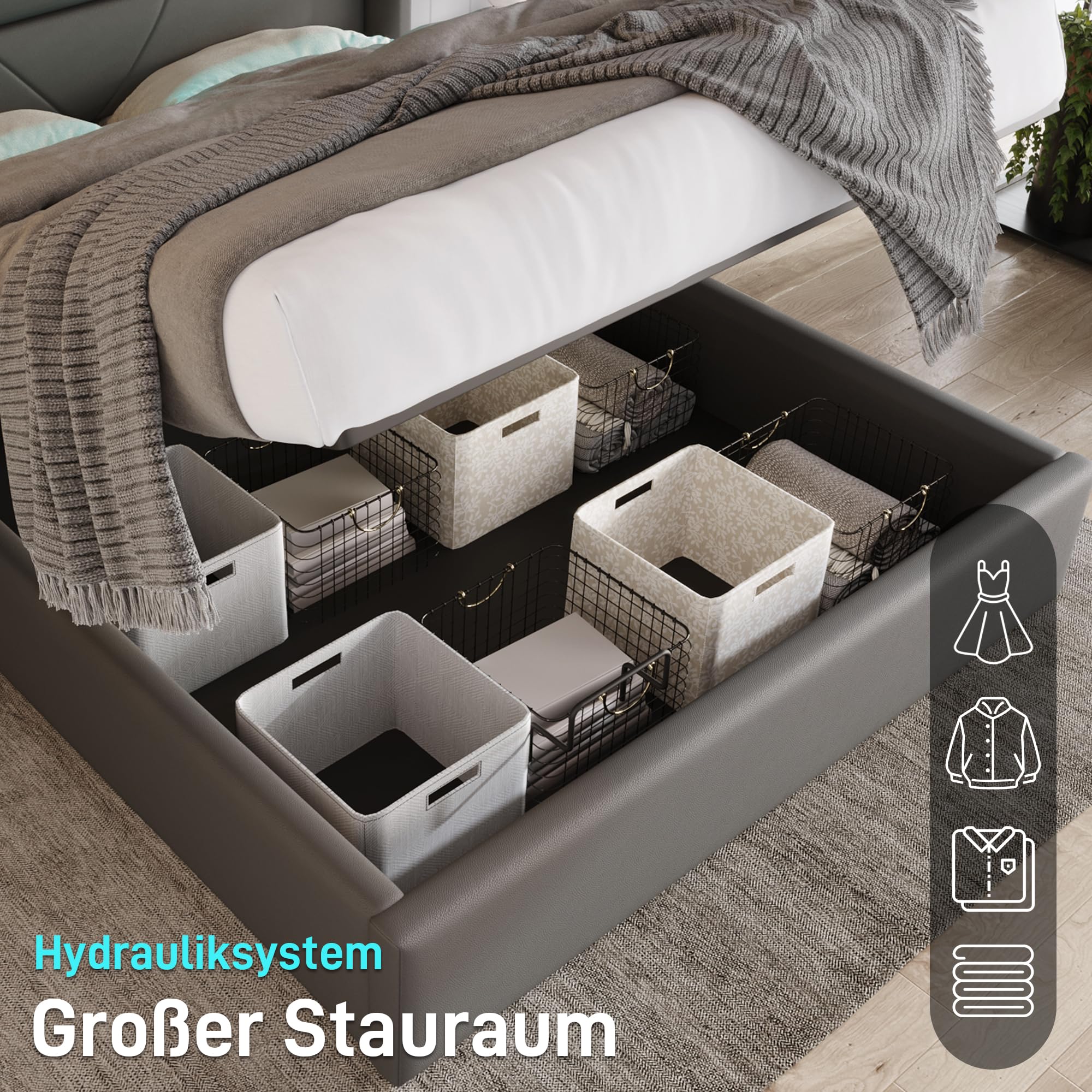 Lit hydraulique, avec espace de rangement, 140 x 200 cm, gris, avec éclairage LED et télécommande, surface PU, espace de rangement rabattable, lit fonctionnel, moderne, avec espace de