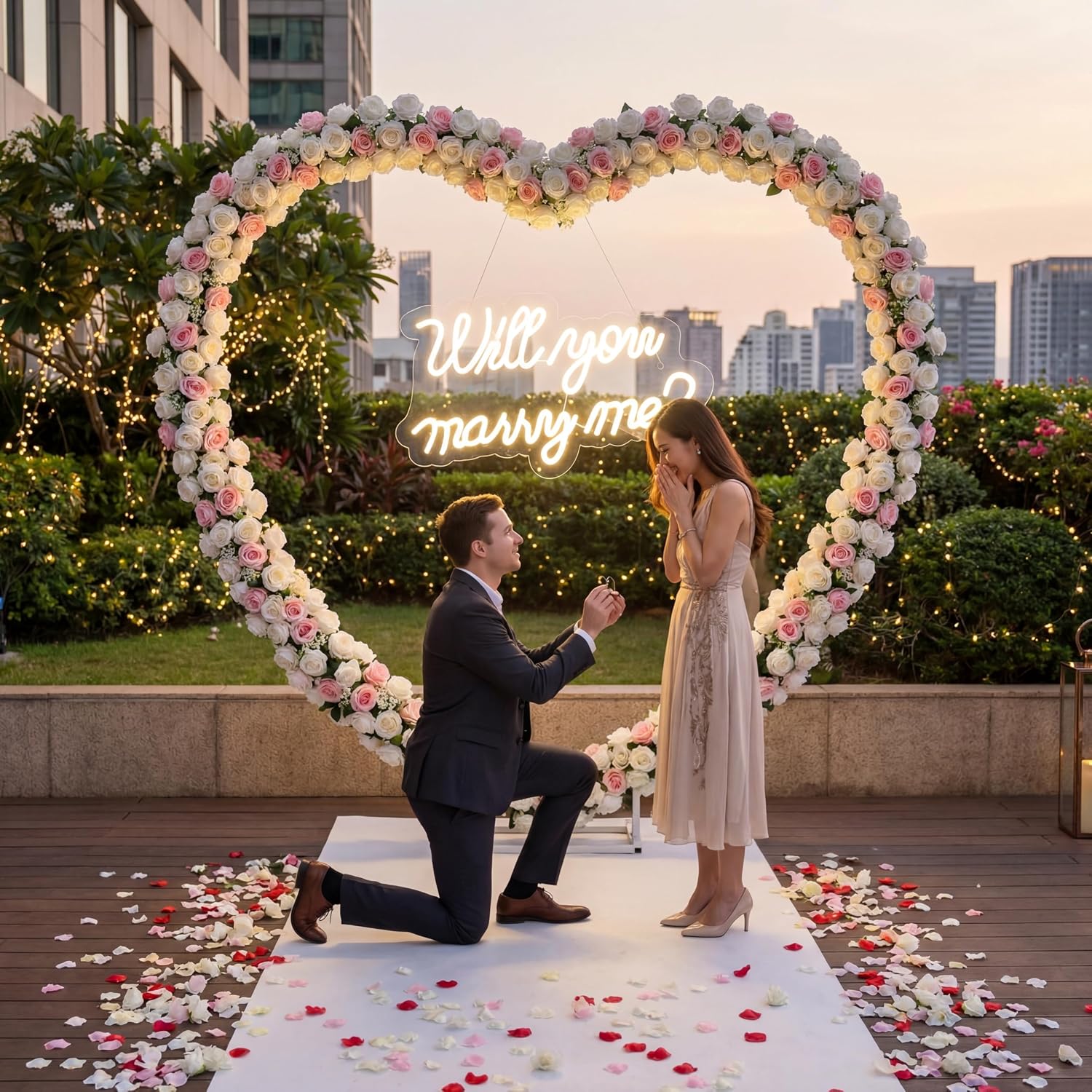Breling Proposal Decorations Kit 6.6ft Will You Marry Me LED Neon Light Metal Heart Arch Stand and Sign Backdrop for Proposal Wedding Bridal Valentine Engagement Birthday Party((Multicolor)