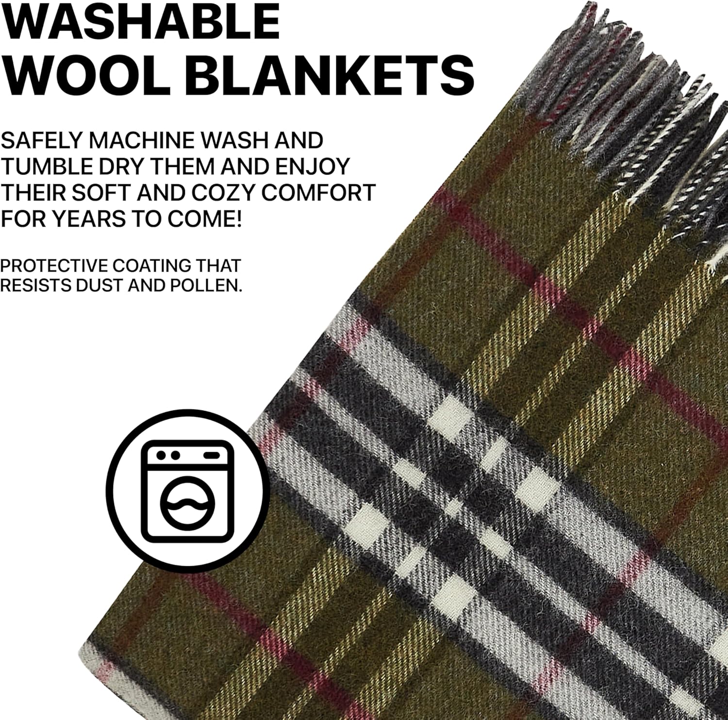 | Wool Blanket/Throw | 100% New Zealand Wool | Perfect for Home and Outdoors | Virgin Wool Blanket with Fringes 55"x79" (140 x 200 cm) (Moss Green)