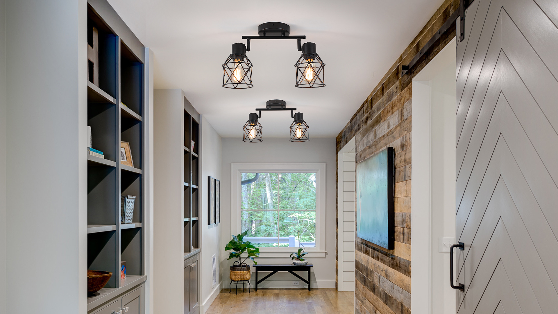 Image of 2 Lights Adjustable Multi-Directional Black Light Fixtures, Semi Flush Mount Ceiling Light, Kitchen Light Fixtures Ceiling Mount, Geometric Metal Cage Industrial Spotlight Fixtures for Dining Room