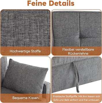 Sofa Bed with Sleep Function Two Seater Sofa, Double Sofa Bed, Adjustable Backrest, Chenille Fabric, High Density Foam, Living Room Sofa, Sofa with Bed Function (Grey)