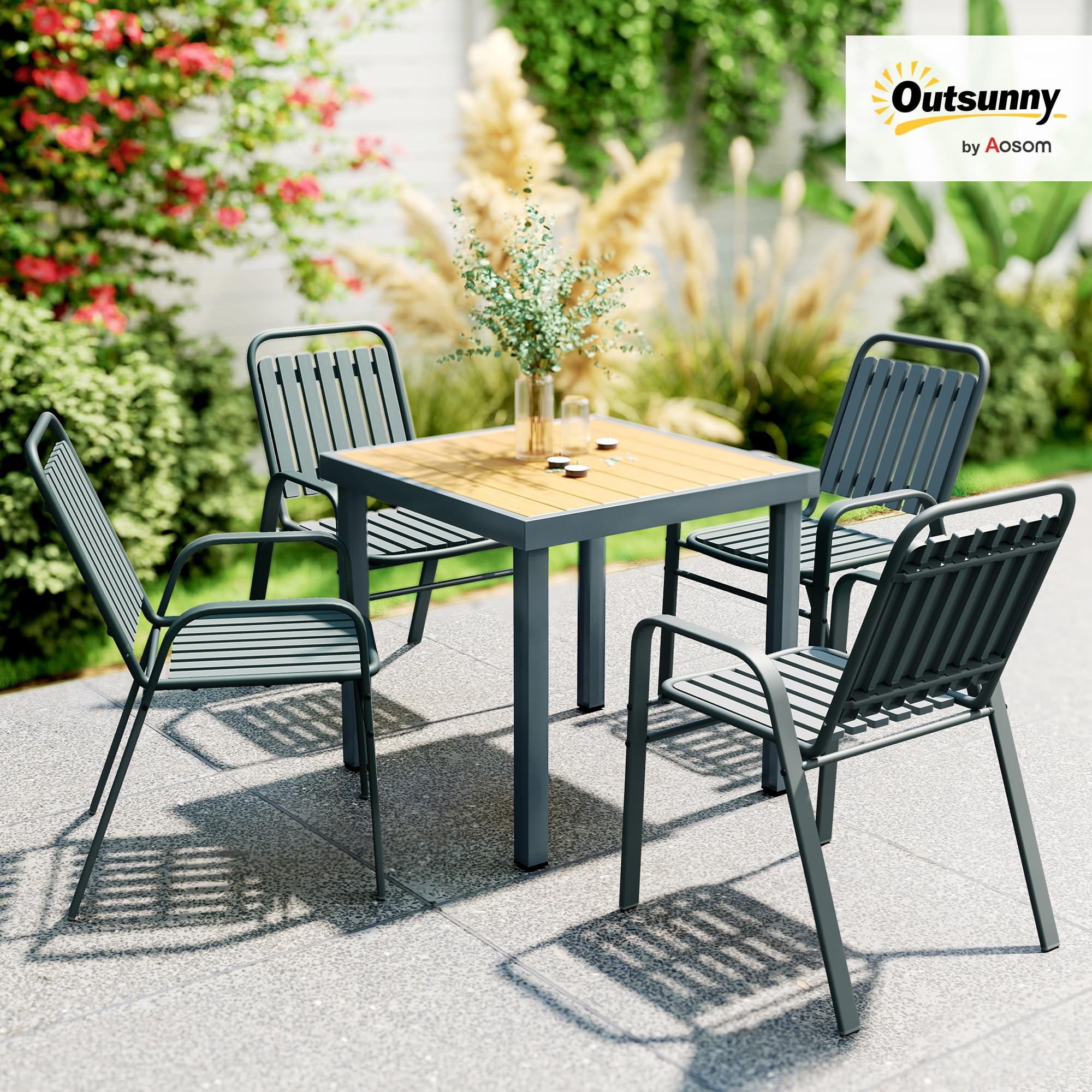 Outsunny Lot de 4 chaises de Jardin chaises empilables d'extérieur avec Haut Dossier et accoudoirs, Cadre en Acier pour Jardin, Piscine, terrasse, Gris
