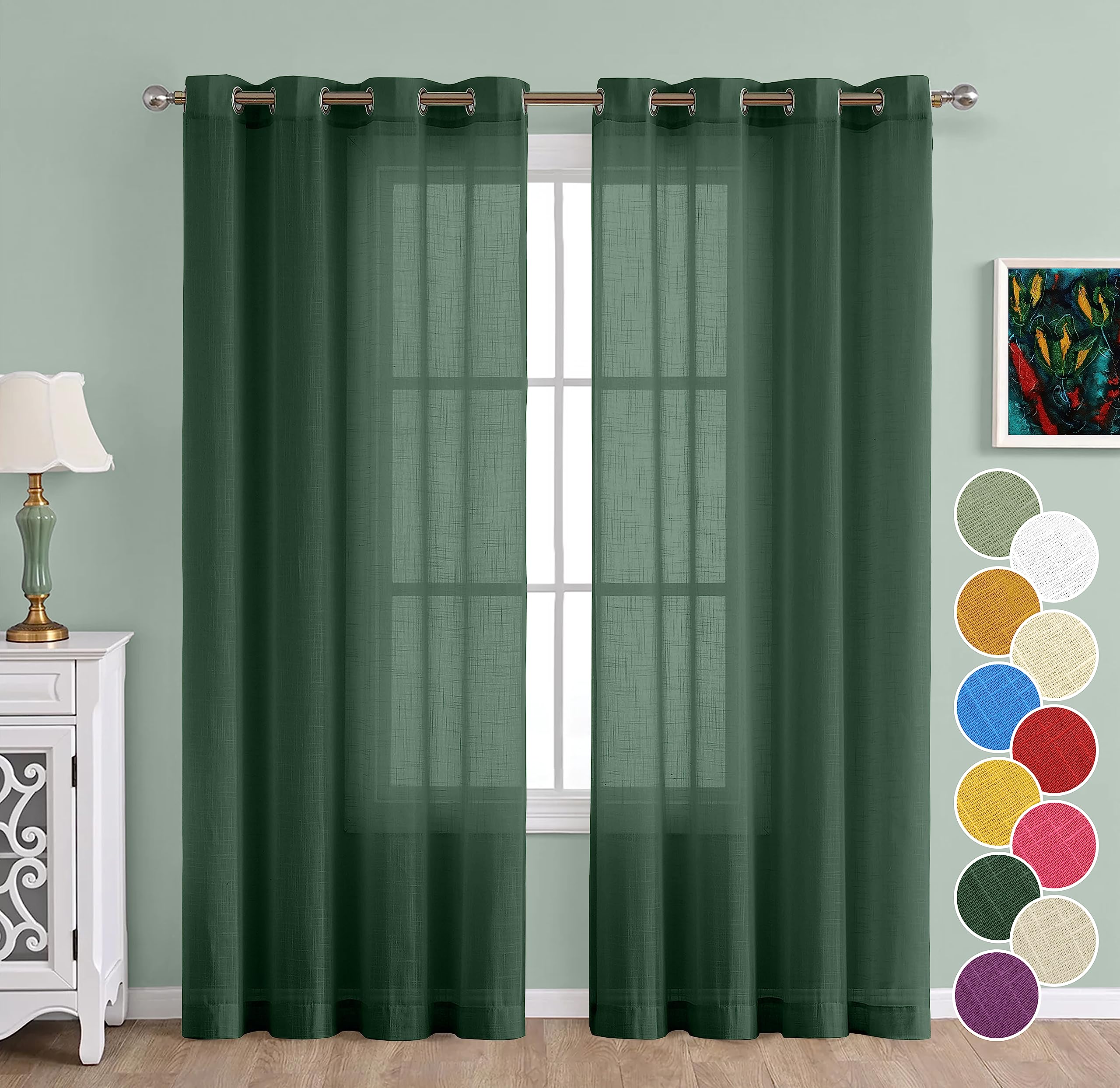THE LINEN COMPANY Cotton Linen Solid Sheer Curtain Set with Steel Eyelet Rings Window Curtain - 4.5 x 6.5 Feet (Set of 2 -Sea Green)