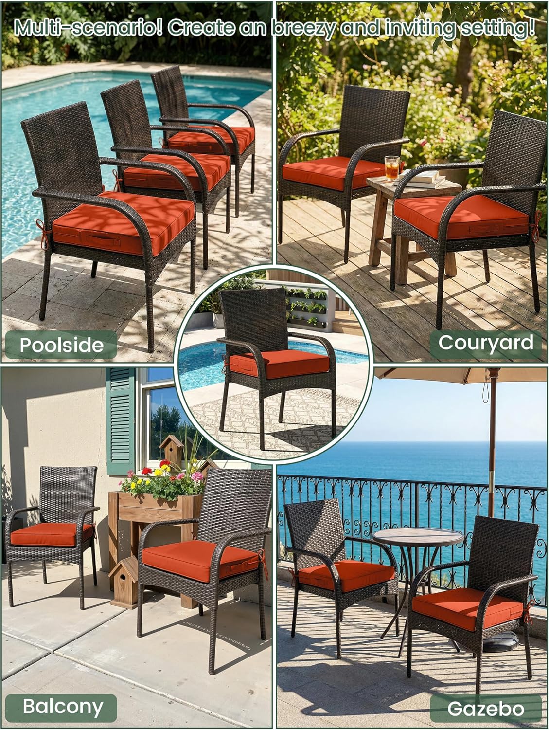Outdoor Chair Cushion 19 x 19 x 4 Inches Patio Furniture Outdoor Waterproof Seat Cushion, Patio Chair Cushion with Handles and Ties, Square Dining Chair Cushion Set of 2, Orange